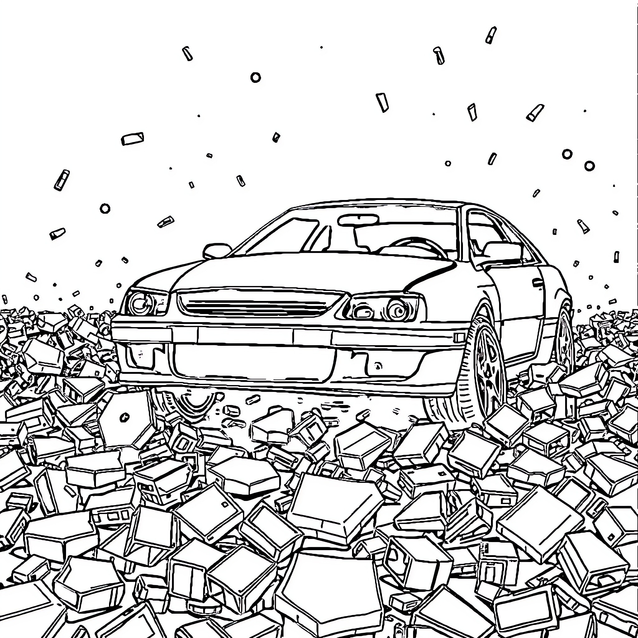 Car buried in a pile of scattered objects Coloring Page (free black-and-white line drawing printable PDF for all, from beginners to advanced learners, including children, teens, adults, and seniors)
