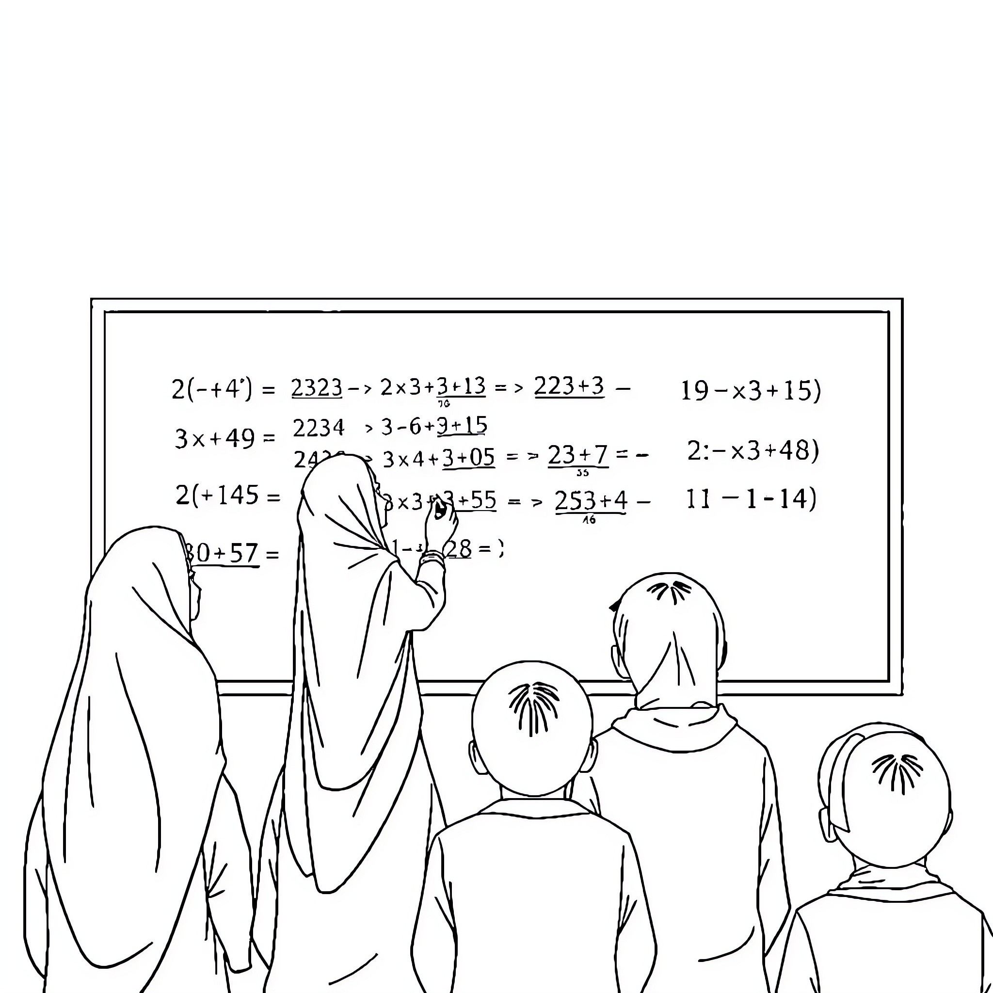 Teacher explaining math problems on chalkboard Coloring Page (free black-and-white line drawing printable PDF for all, from beginners to advanced learners, including children, teens, adults, and seniors)