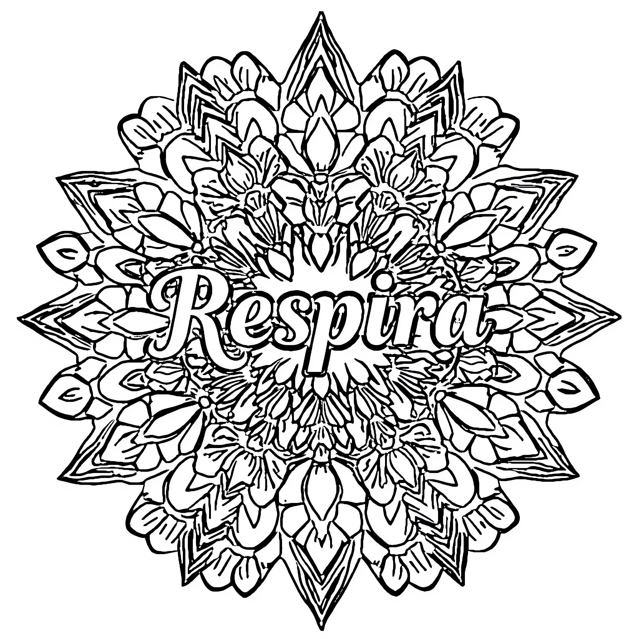 Flower with Intricate Mandala Pattern and Text Coloring Page (free black-and-white line drawing printable PDF for all, from beginners to advanced learners, including children, teens, adults, and seniors)