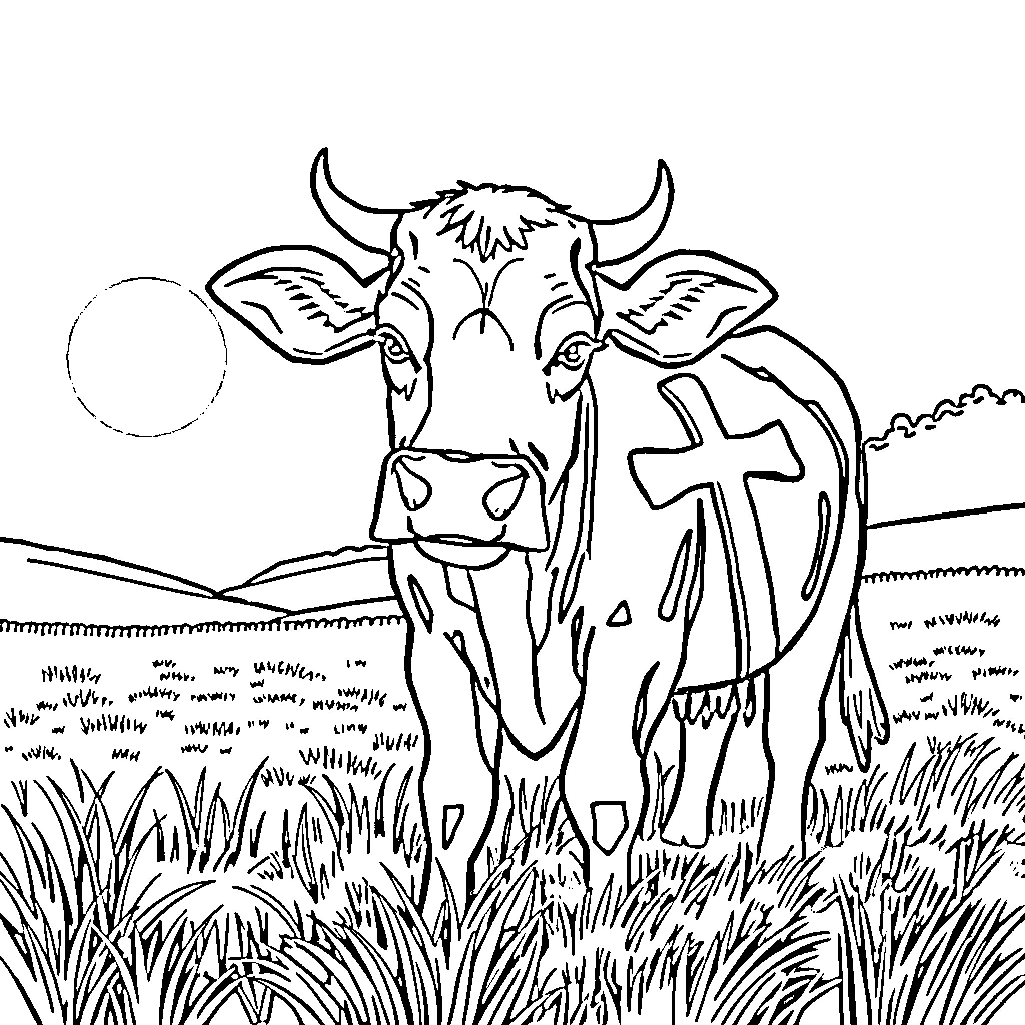 Cow with cross in grassy field Coloring Page (free black-and-white line drawing printable PDF for all, from beginners to advanced learners, including children, teens, adults, and seniors)