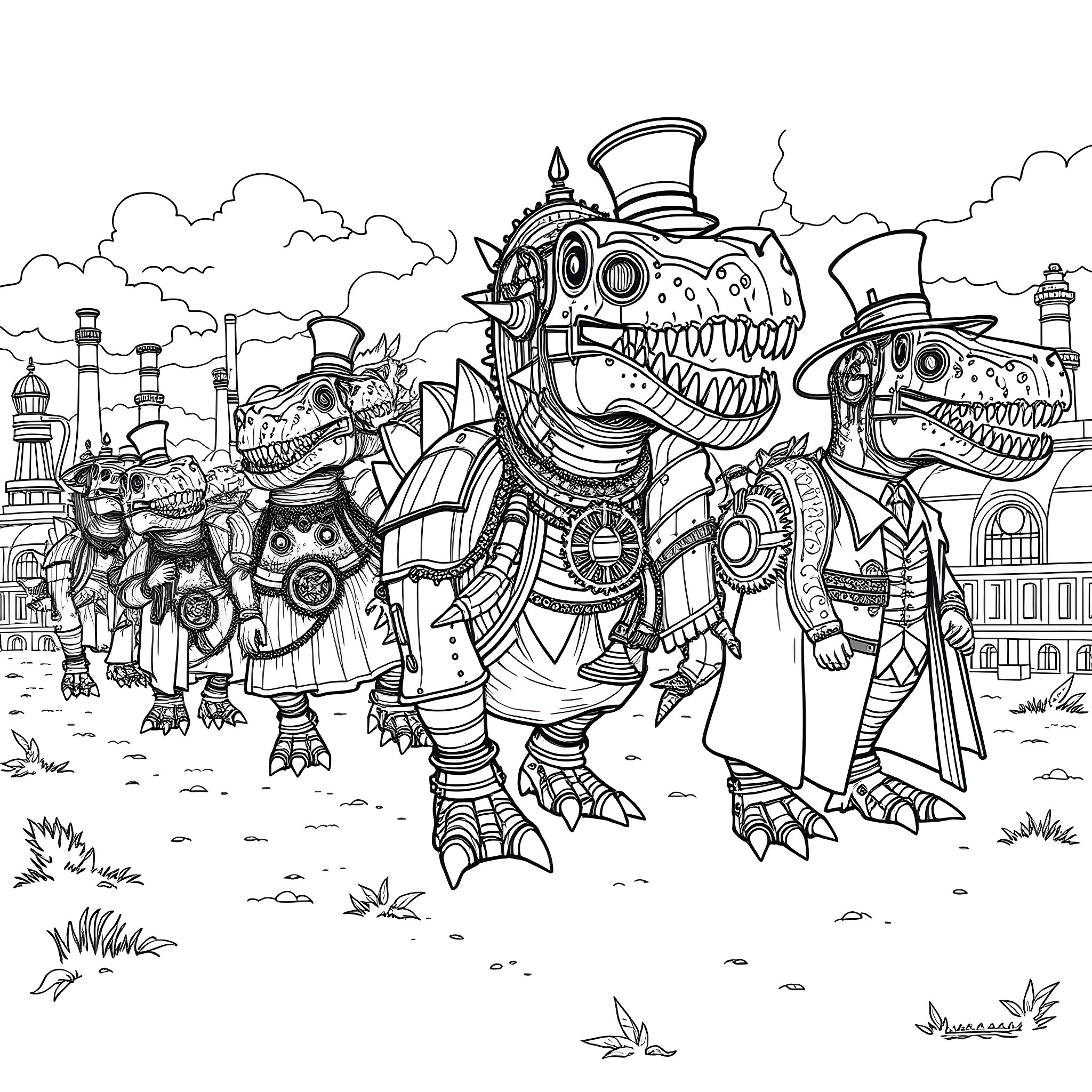 Dinosaurs in Fantastical Mechanical Outfits Coloring Page (free black-and-white line drawing printable PDF for all, from beginners to advanced learners, including children, teens, adults, and seniors)
