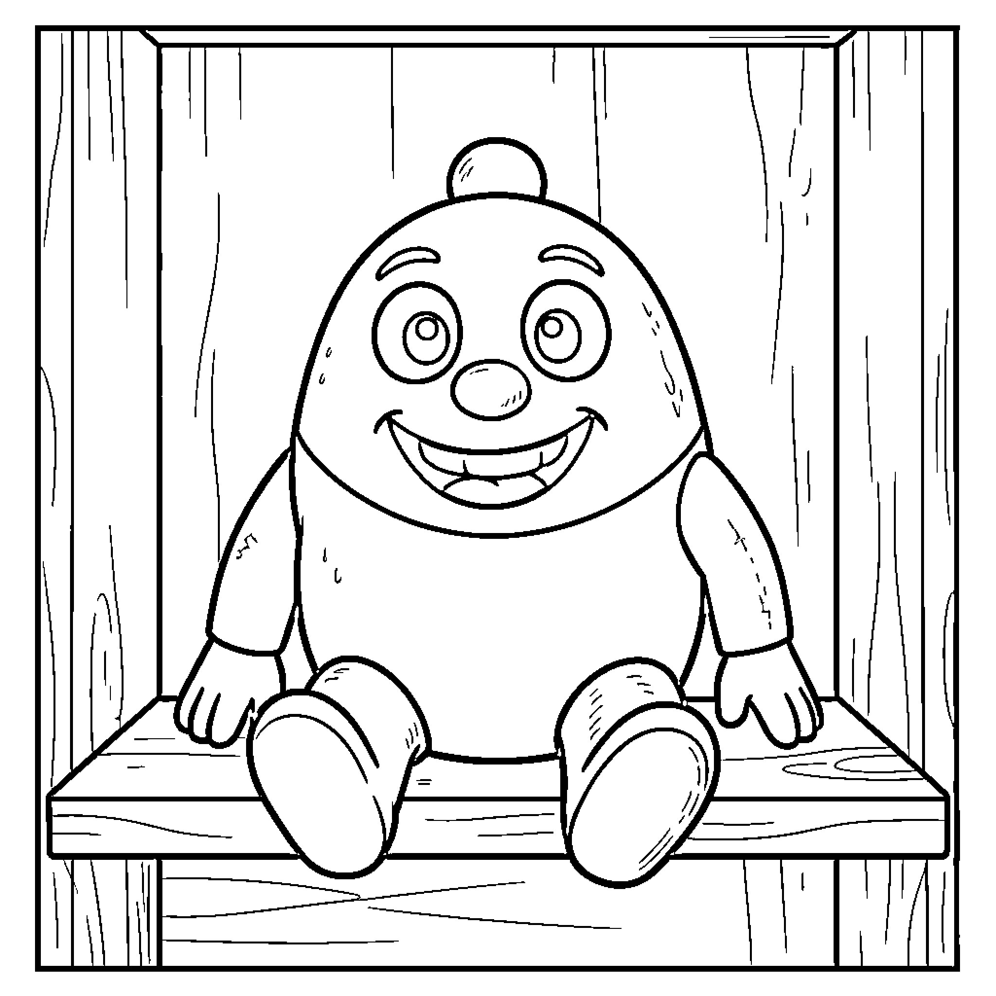 Fuggler character sitting smiling on a wooden shelf Coloring Page (free black-and-white line drawing printable PDF for all, from beginners to advanced learners, including children, teens, adults, and seniors)