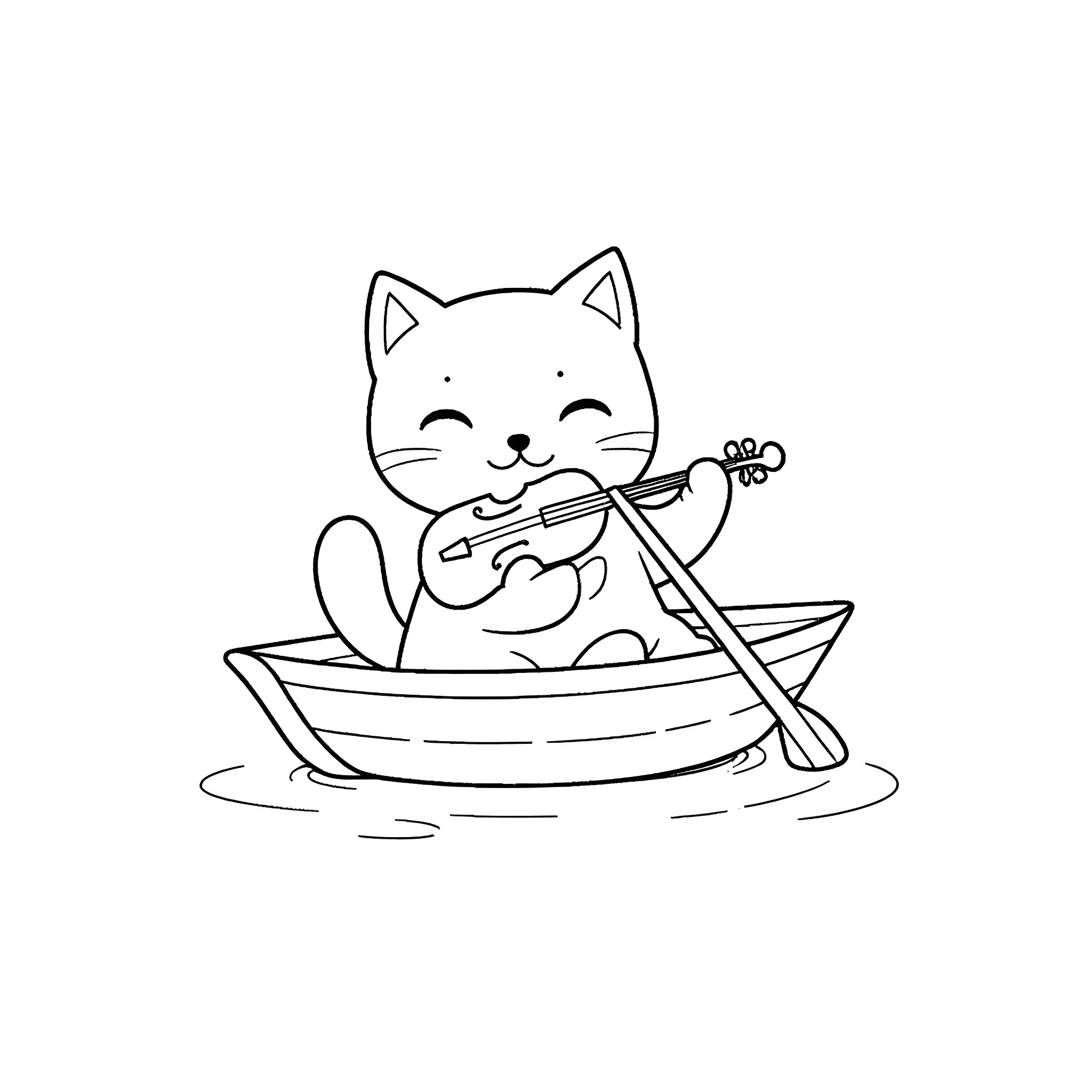 Cat playing with a violin in a boat Coloring Page (free black-and-white line drawing printable PDF for all, from beginners to advanced learners, including children, teens, adults, and seniors)