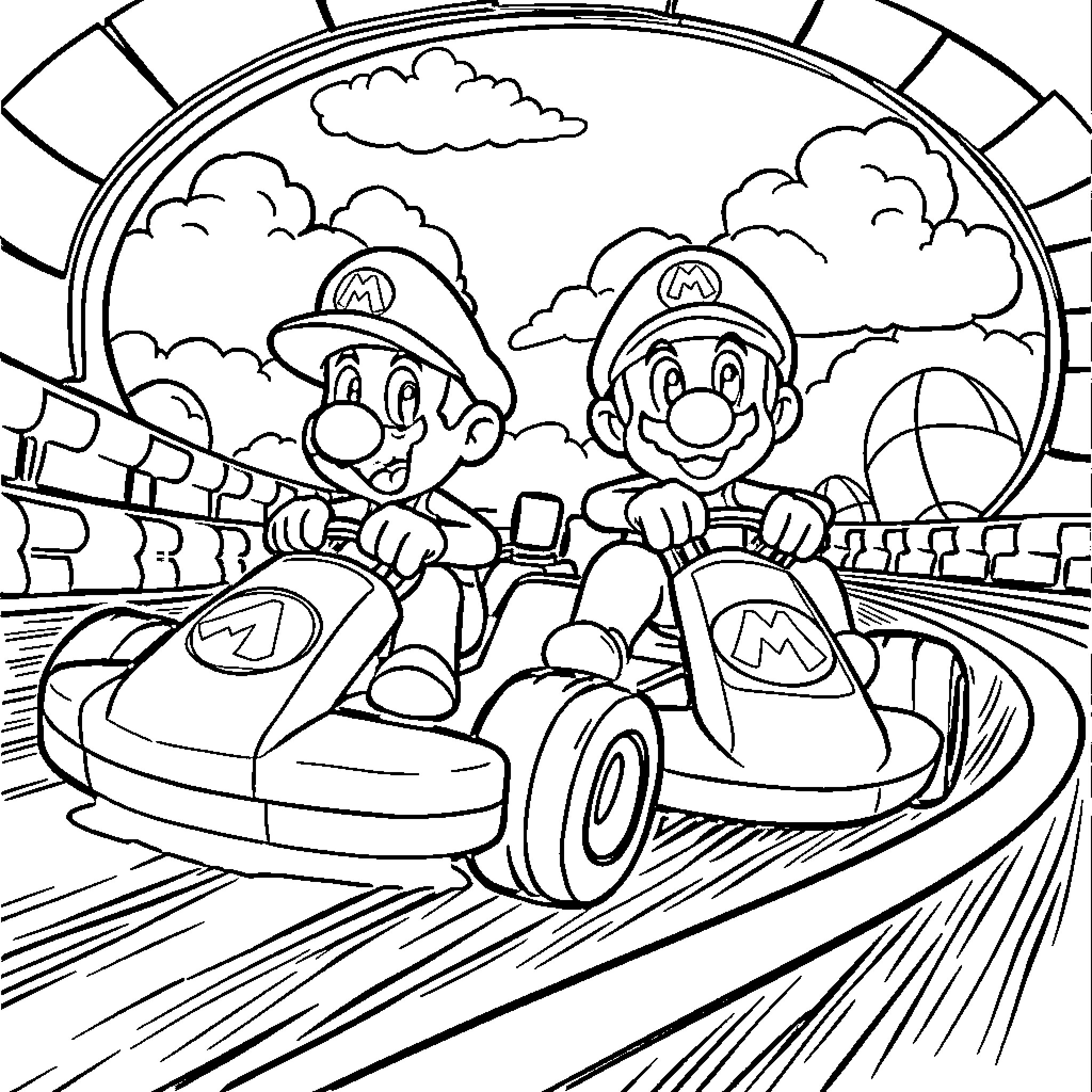 Bluey's Kart Race Adventure Coloring Page (free black-and-white line drawing printable PDF for all, from beginners to advanced learners, including children, teens, adults, and seniors)