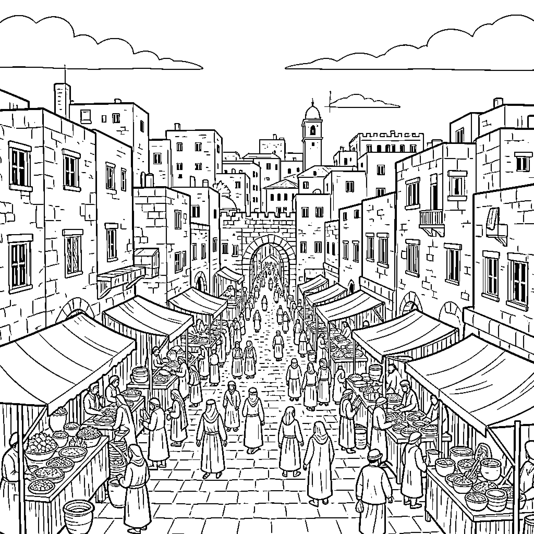 Gaza bustling market scene with people and stalls Coloring Page (free black-and-white line drawing printable PDF for all, from beginners to advanced learners, including children, teens, adults, and seniors)