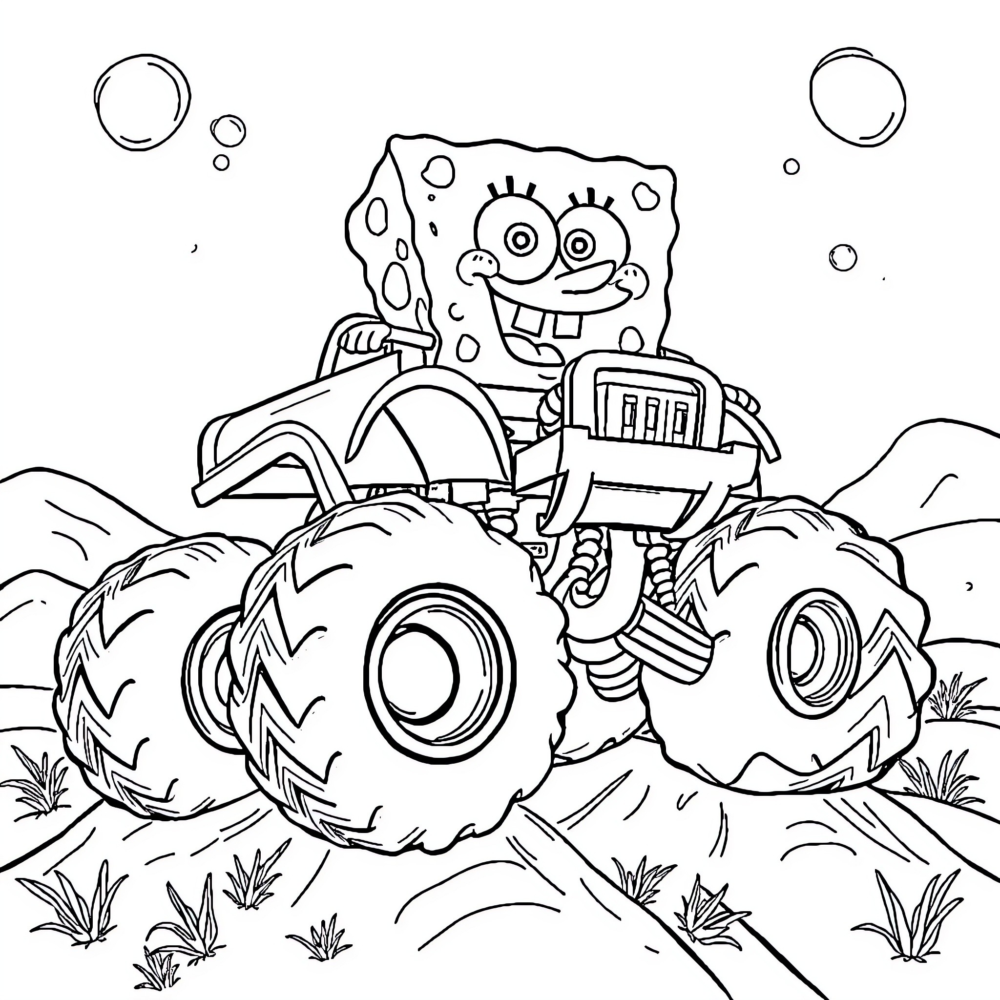 Spongebob driving a monster truck Coloring Page (free black-and-white line drawing printable PDF for all, from beginners to advanced learners, including children, teens, adults, and seniors)