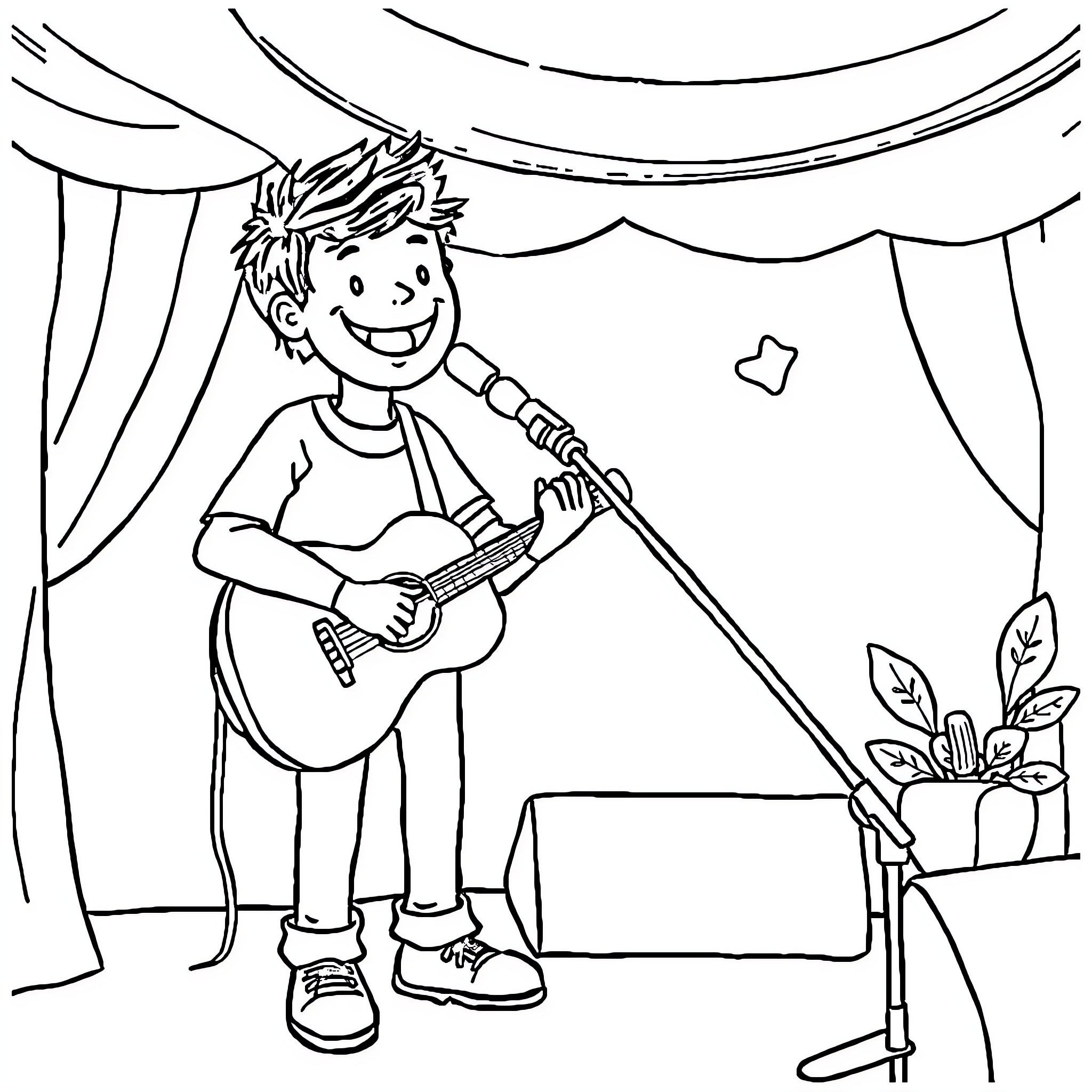 Roddy Woomble performing on stage with guitar Coloring Page (free black-and-white line drawing printable PDF for all, from beginners to advanced learners, including children, teens, adults, and seniors)