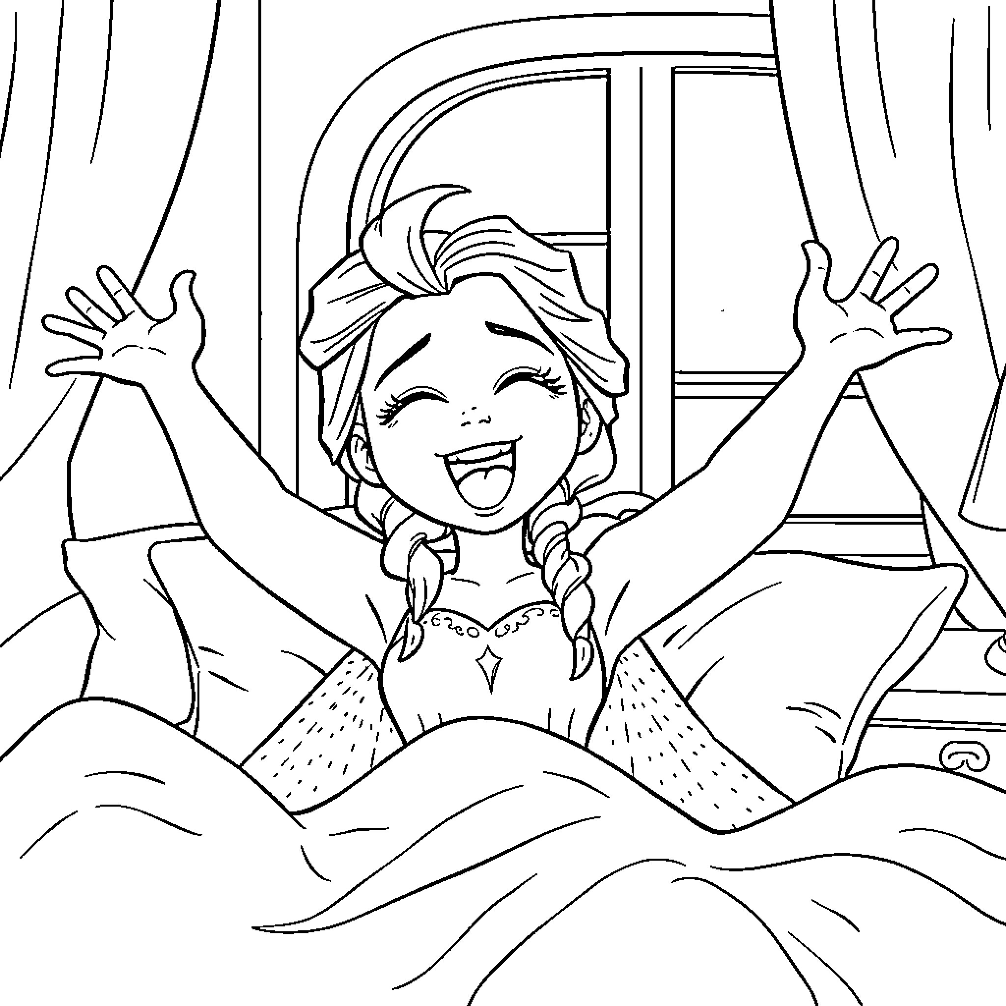 Elsa celebrating joyfully in her bedroom Coloring Page (free black-and-white line drawing printable PDF for all, from beginners to advanced learners, including children, teens, adults, and seniors)
