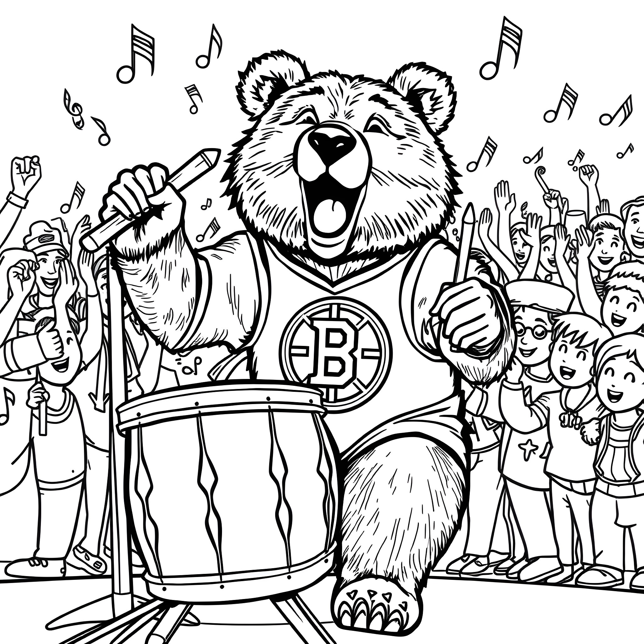 Bear playing drums and entertaining the crowd Coloring Page (free black-and-white line drawing printable PDF for all, from beginners to advanced learners, including children, teens, adults, and seniors)