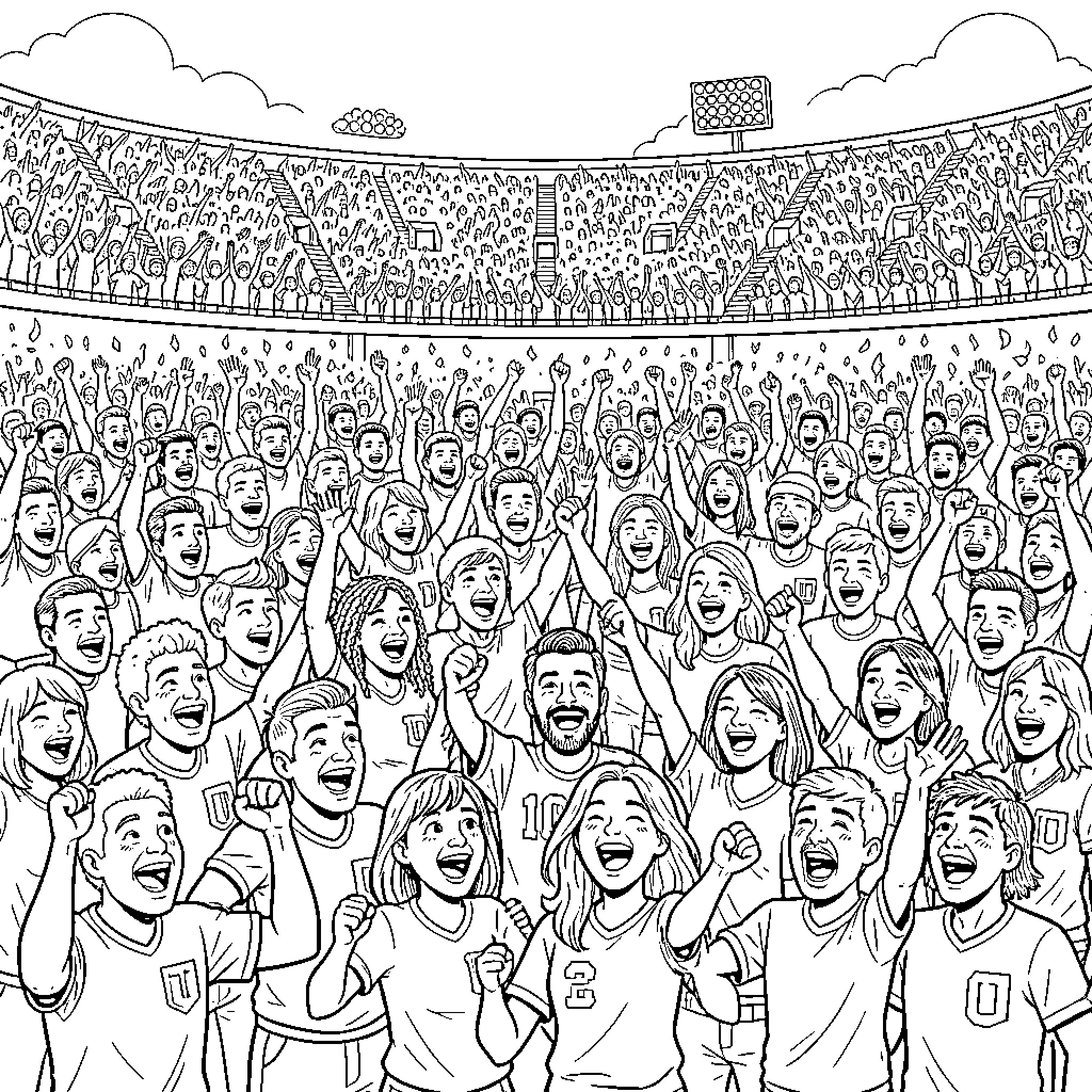 Person cheering excitedly in a large crowded stadium Coloring Page (free black-and-white line drawing printable PDF for all, from beginners to advanced learners, including children, teens, adults, and seniors)