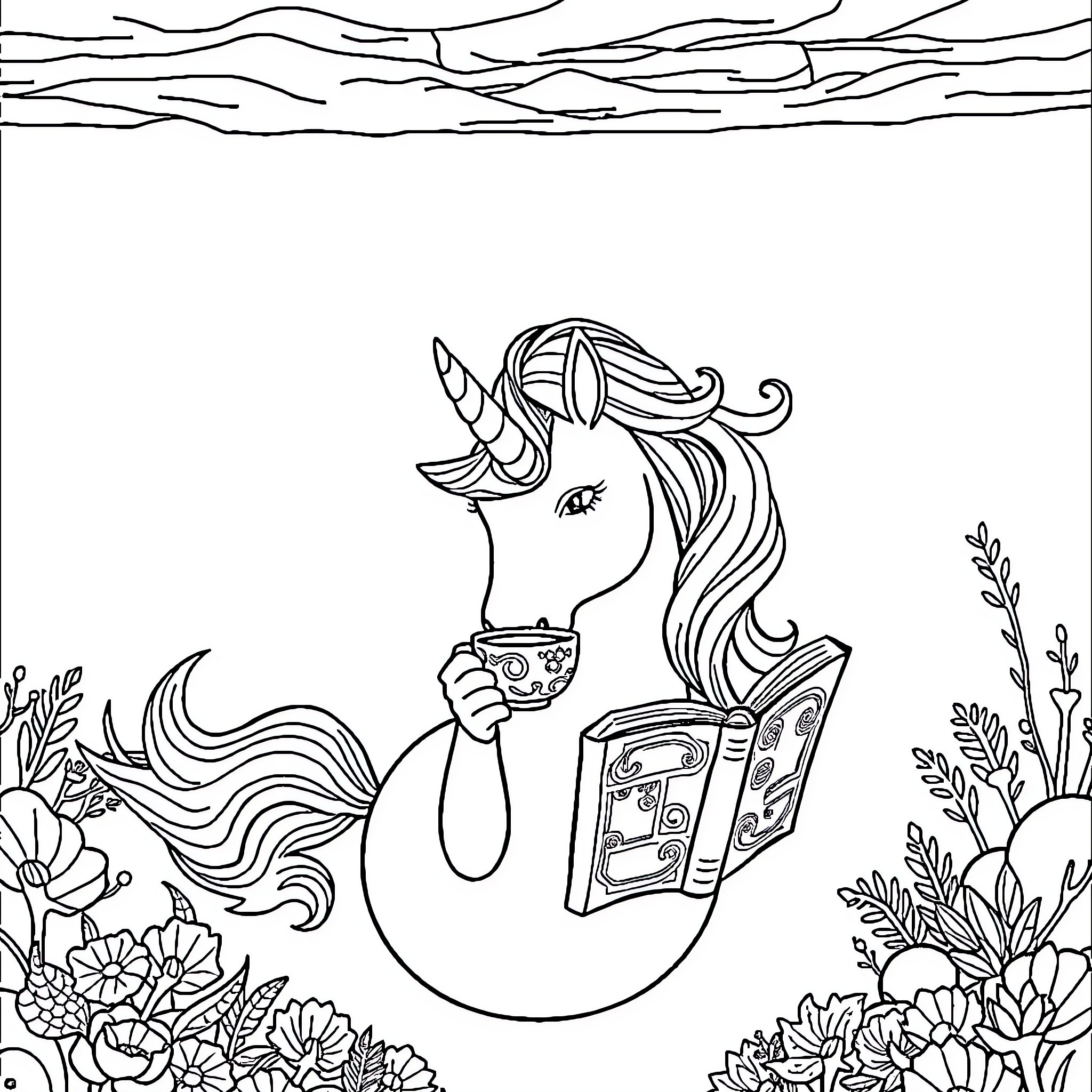 Unicorn reading a book in a floral garden Coloring Page (free black-and-white line drawing printable PDF for all, from beginners to advanced learners, including children, teens, adults, and seniors)