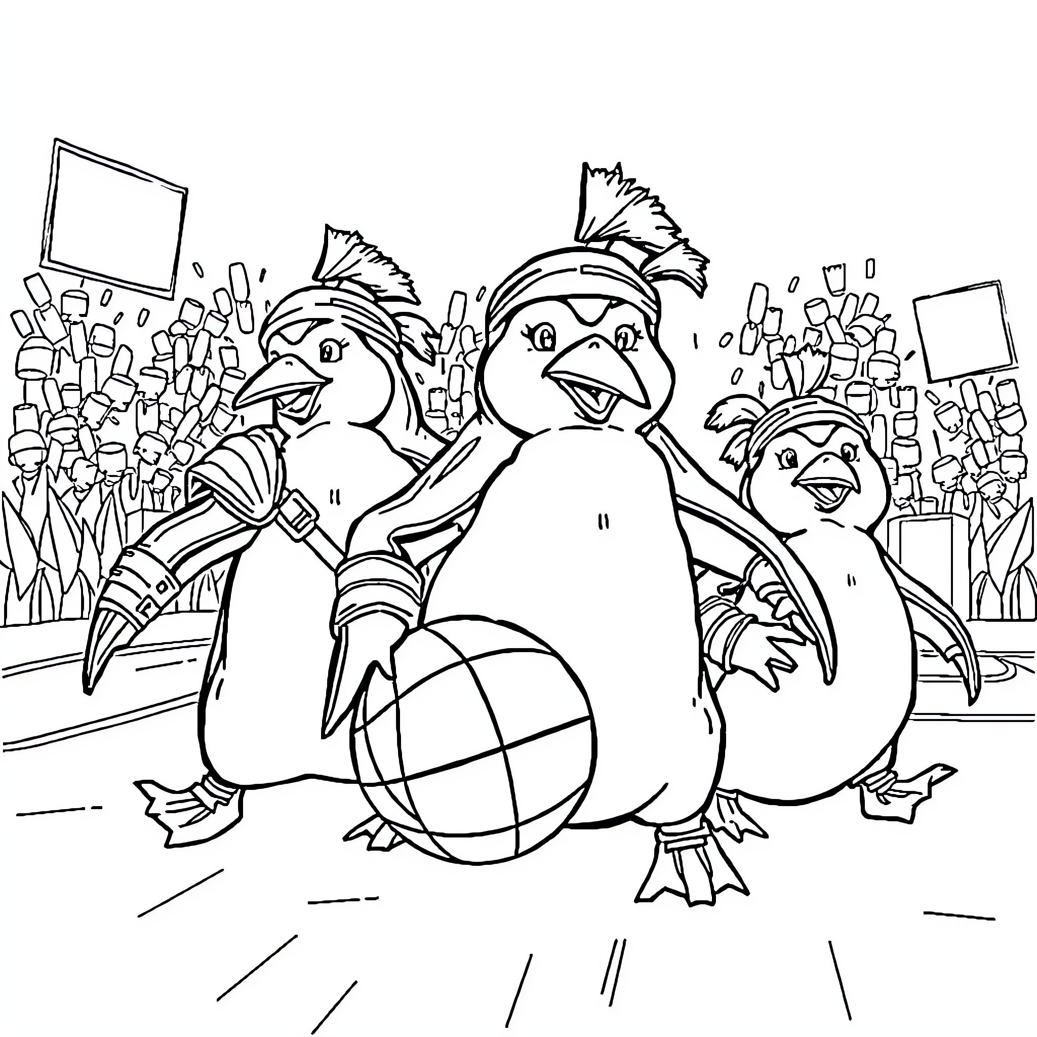 Penguin friends playing with a ball Coloring Page (free black-and-white line drawing printable PDF for all, from beginners to advanced learners, including children, teens, adults, and seniors)
