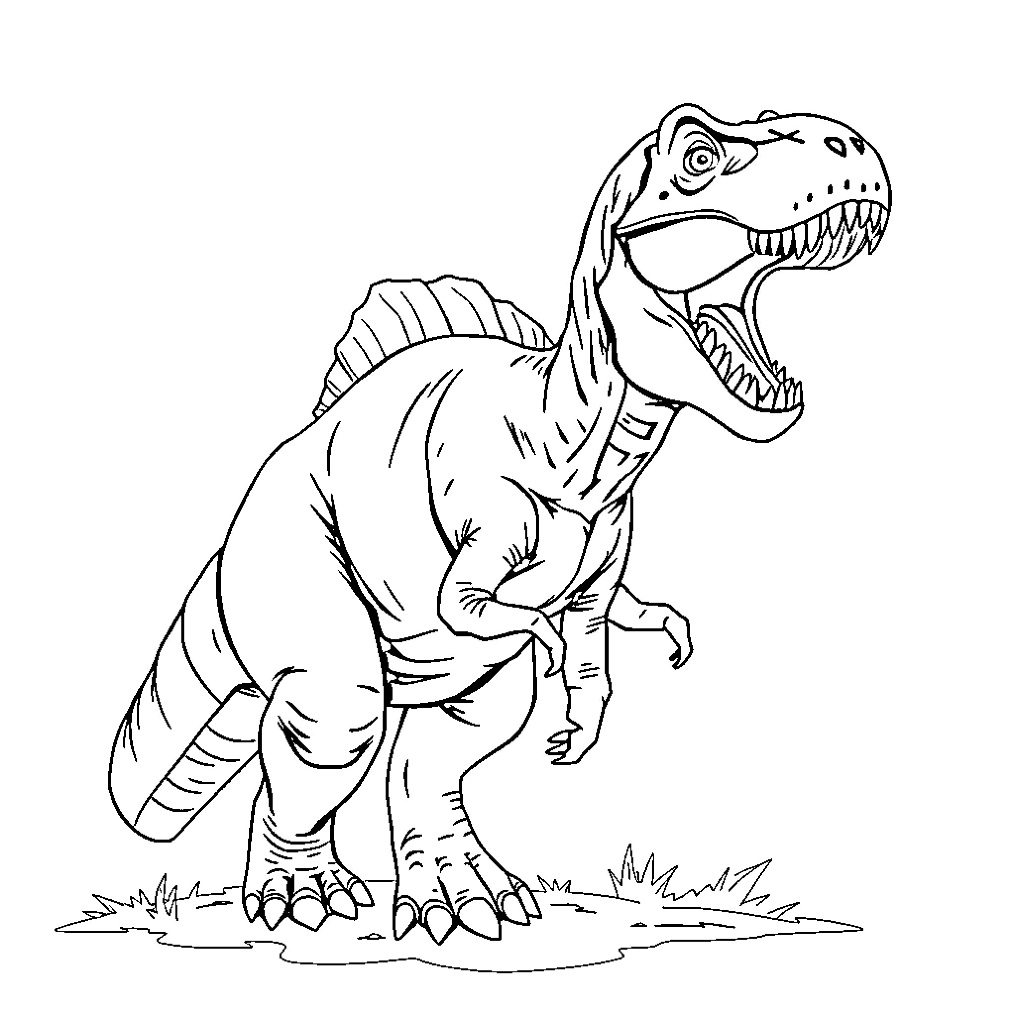 Tyrannosaurus roaring ferociously in the wild Coloring Page (free black-and-white line drawing printable PDF for all, from beginners to advanced learners, including children, teens, adults, and seniors)