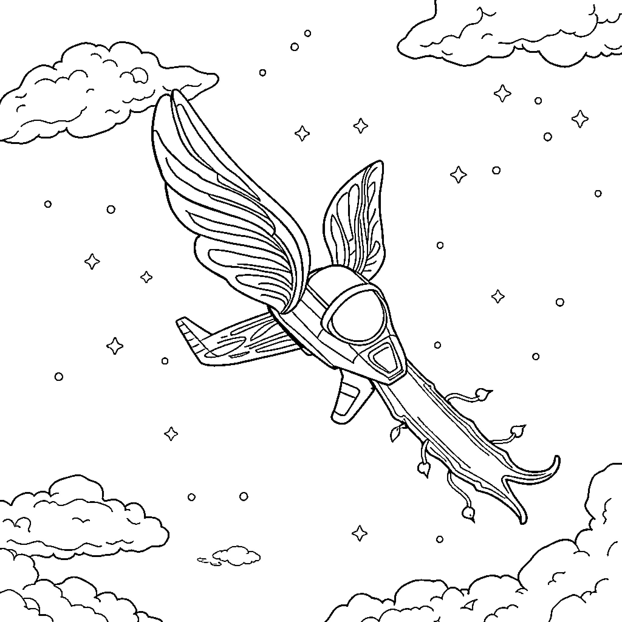 Minecraft character with wings soaring through the sky Coloring Page (free black-and-white line drawing printable PDF for all, from beginners to advanced learners, including children, teens, adults, and seniors)
