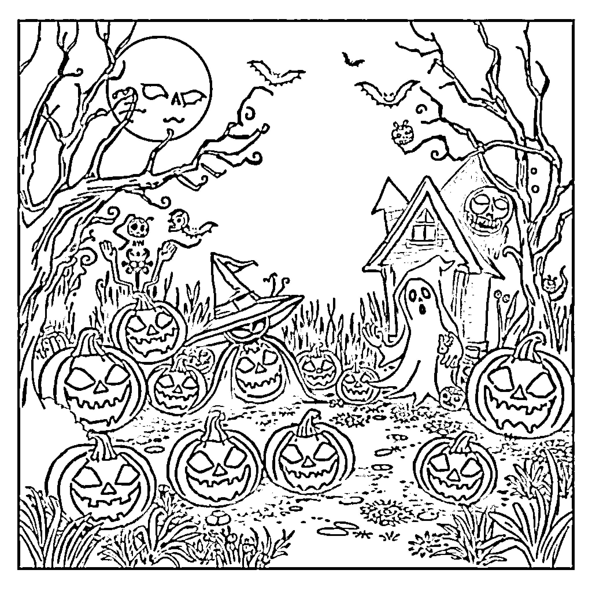 Halloween Haunted House and Pumpkins in the Woods Coloring Page (free black-and-white line drawing printable PDF for all, from beginners to advanced learners, including children, teens, adults, and seniors)