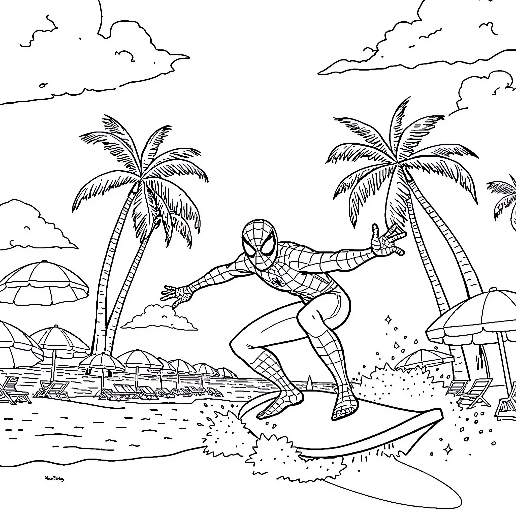 Spiderman surfing on a tropical beach Coloring Page (free black-and-white line drawing printable PDF for all, from beginners to advanced learners, including children, teens, adults, and seniors)