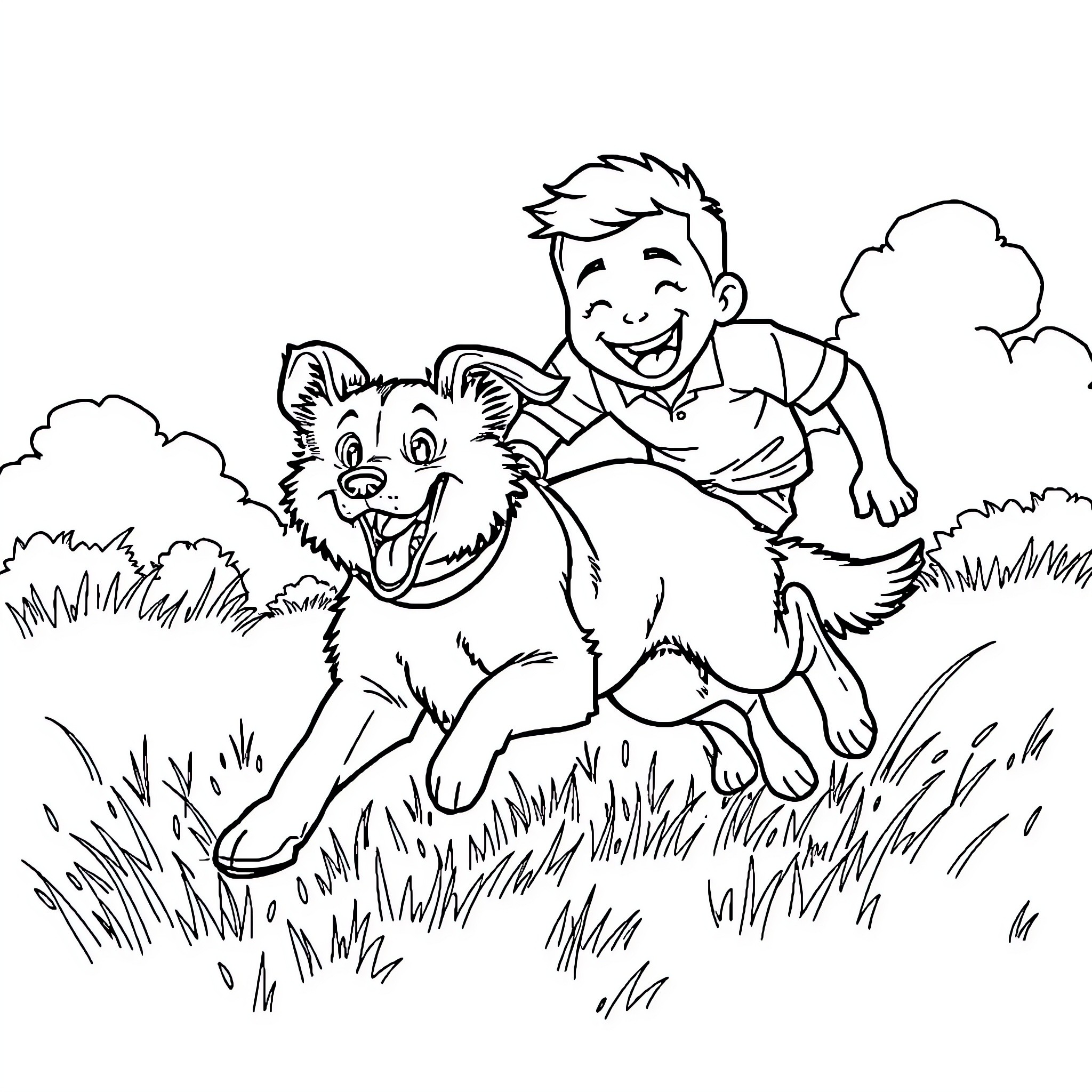 Dog and Boy Playing in the Grass Coloring Page (free black-and-white line drawing printable PDF for all, from beginners to advanced learners, including children, teens, adults, and seniors)