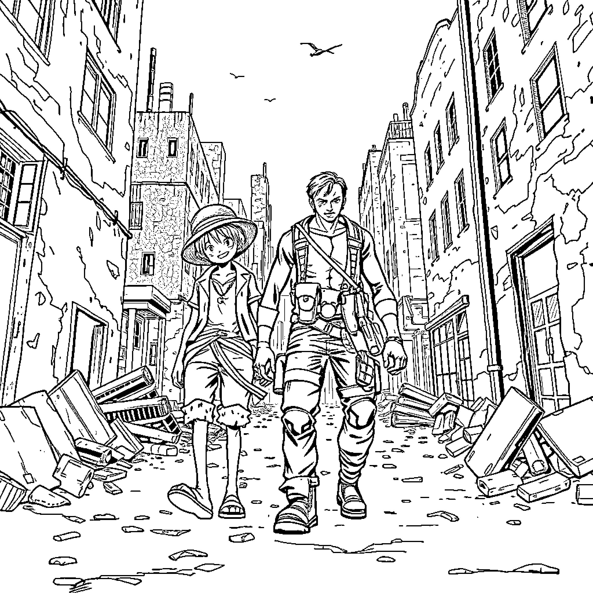 Luffy's Adventure in the Ruined City Coloring Page (free black-and-white line drawing printable PDF for all, from beginners to advanced learners, including children, teens, adults, and seniors)
