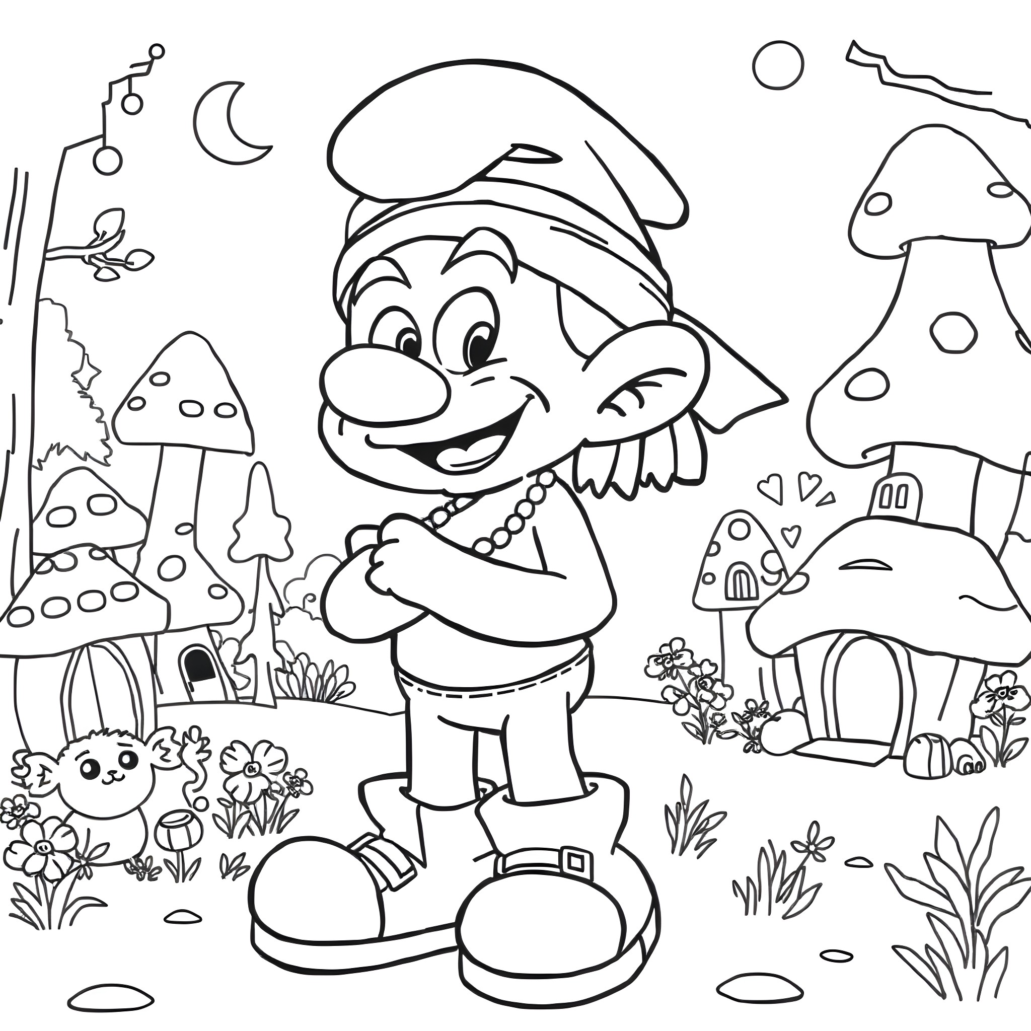 2pac's happy adventures in the whimsical mushroom forest Coloring Page (free black-and-white line drawing printable PDF for all, from beginners to advanced learners, including children, teens, adults, and seniors)