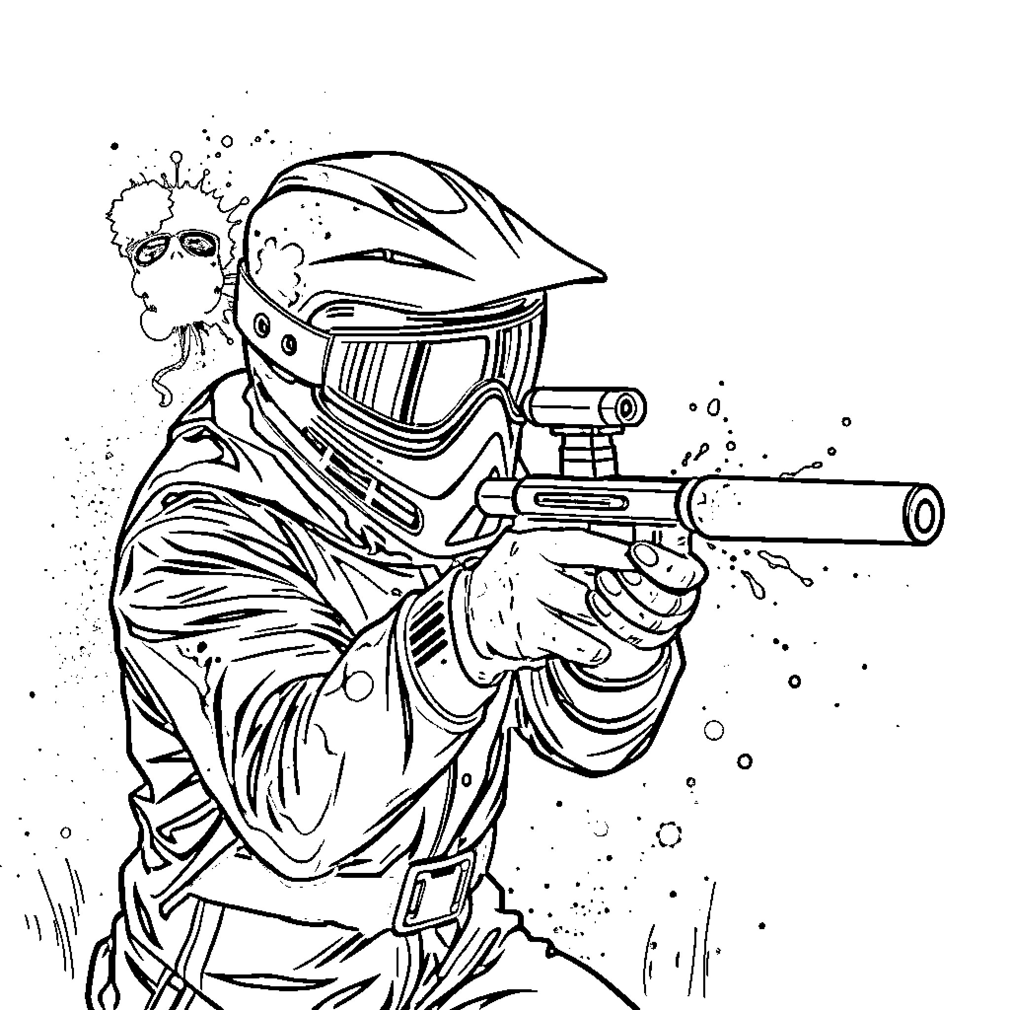 Person aiming futuristic weapon in sci-fi outfit Coloring Page (free black-and-white line drawing printable PDF for all, from beginners to advanced learners, including children, teens, adults, and seniors)