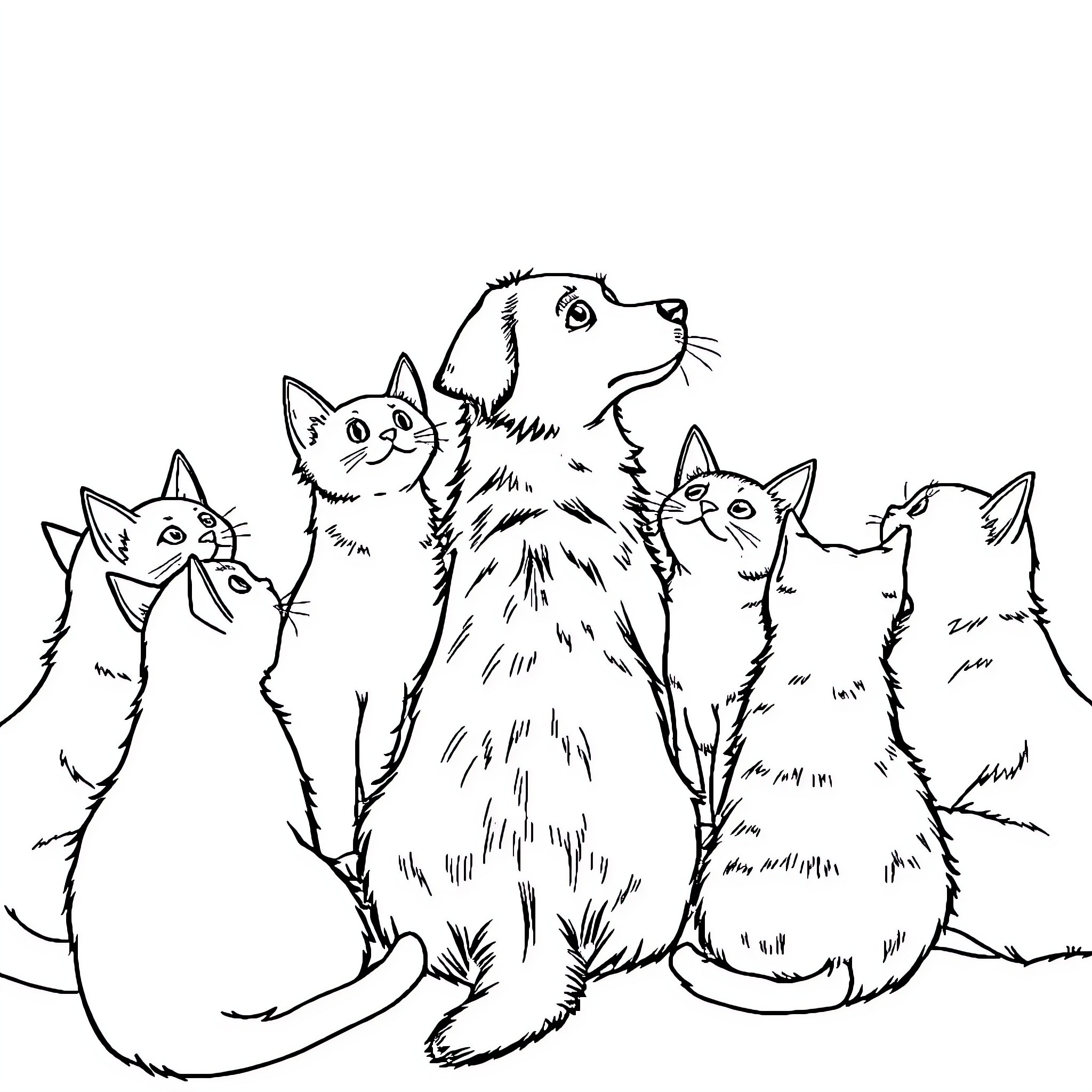 Cat and Dog Friends Posing Together Coloring Page (free black-and-white line drawing printable PDF for all, from beginners to advanced learners, including children, teens, adults, and seniors)
