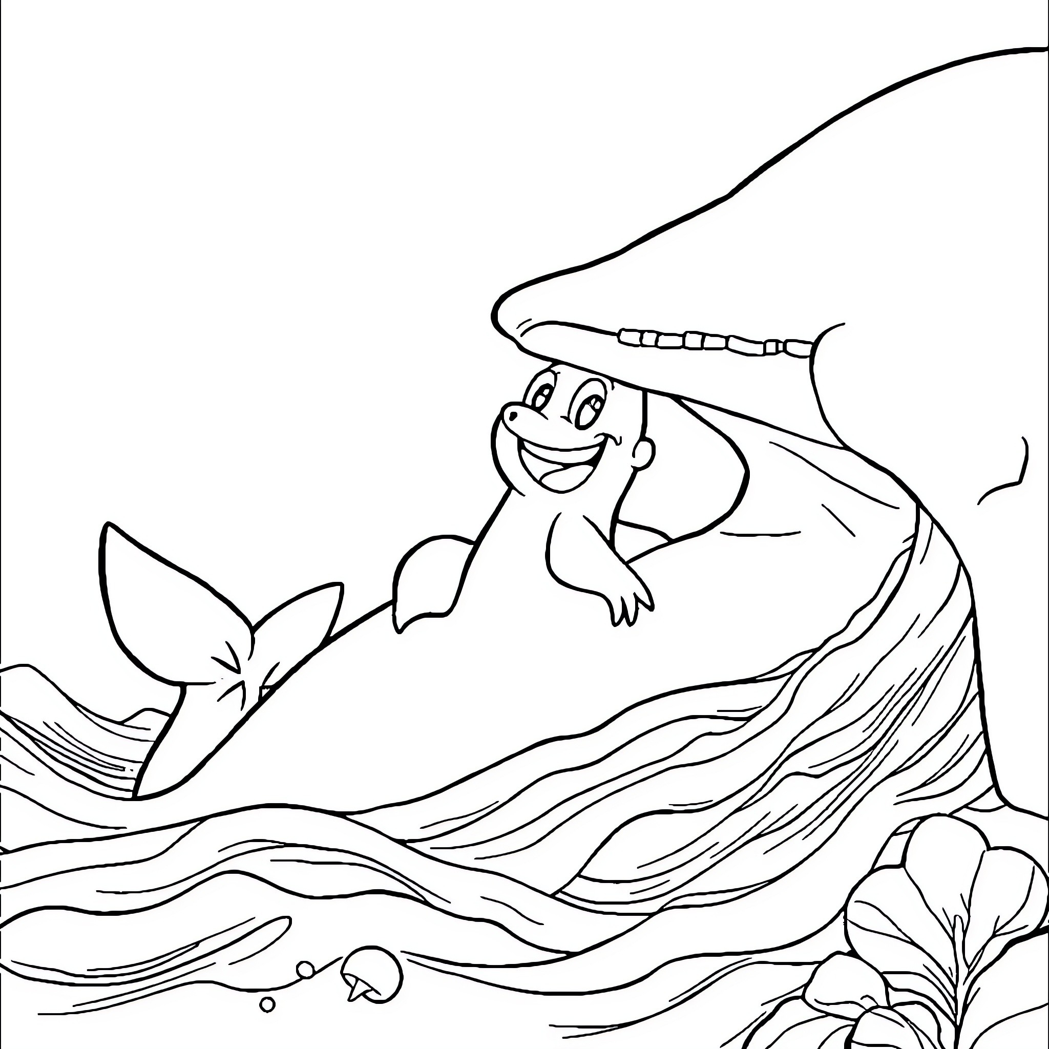 Spongebob having fun underwater with marine life Coloring Page (free black-and-white line drawing printable PDF for all, from beginners to advanced learners, including children, teens, adults, and seniors)