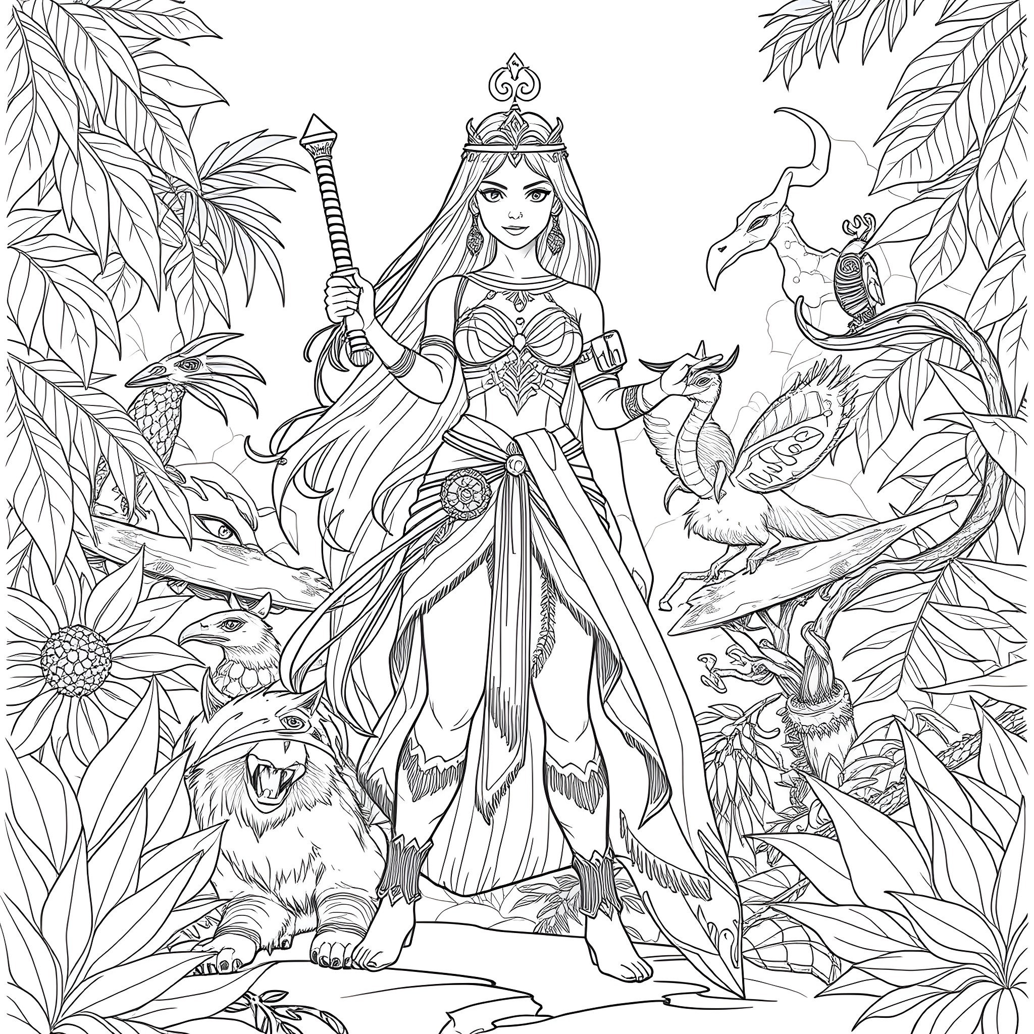Raya, the warrior princess, surrounded by mythical creatures Coloring Page (free black-and-white line drawing printable PDF for all, from beginners to advanced learners, including children, teens, adults, and seniors)