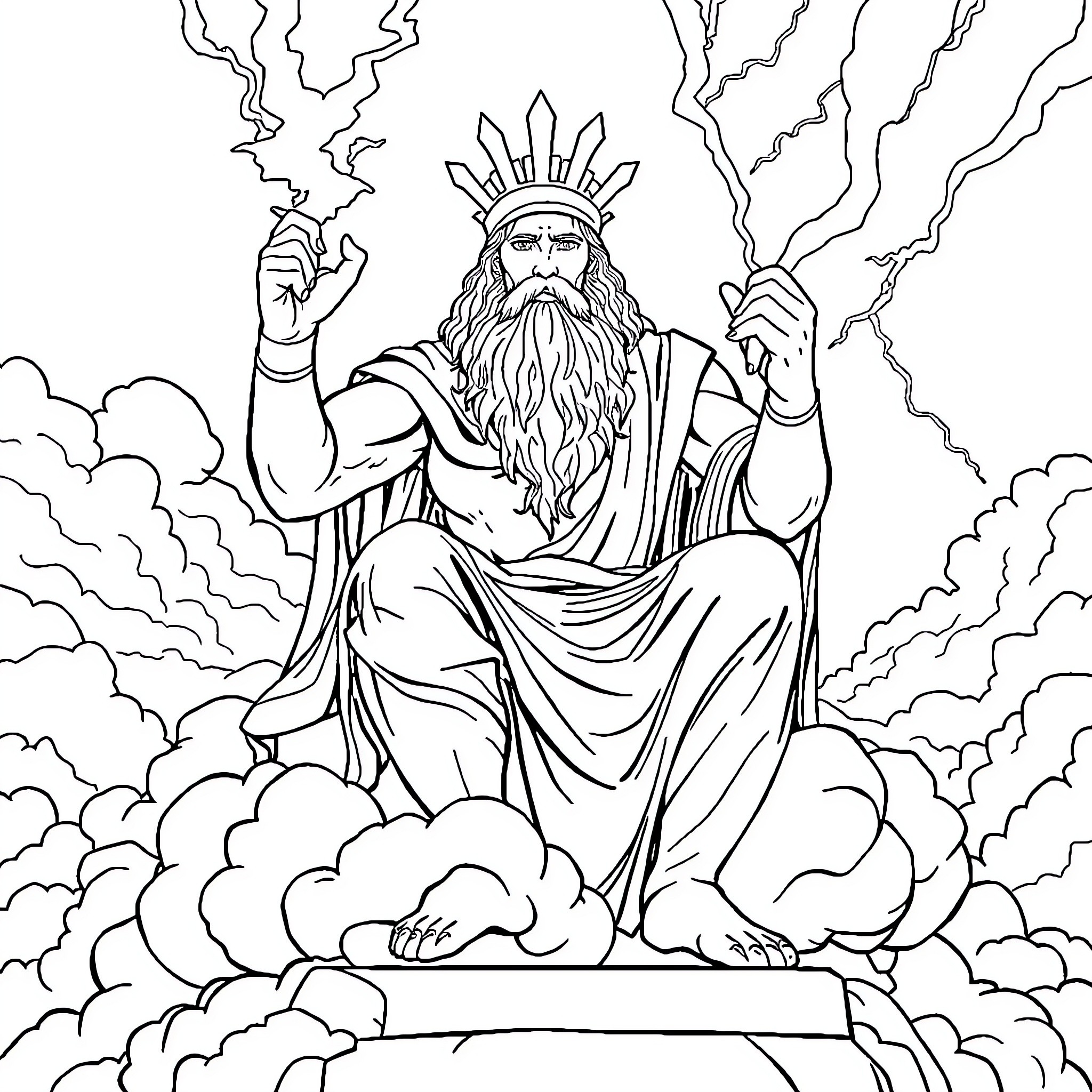 Zeus, the mighty ruler, wielding lightning amidst the clouds Coloring Page (free black-and-white line drawing printable PDF for all, from beginners to advanced learners, including children, teens, adults, and seniors)