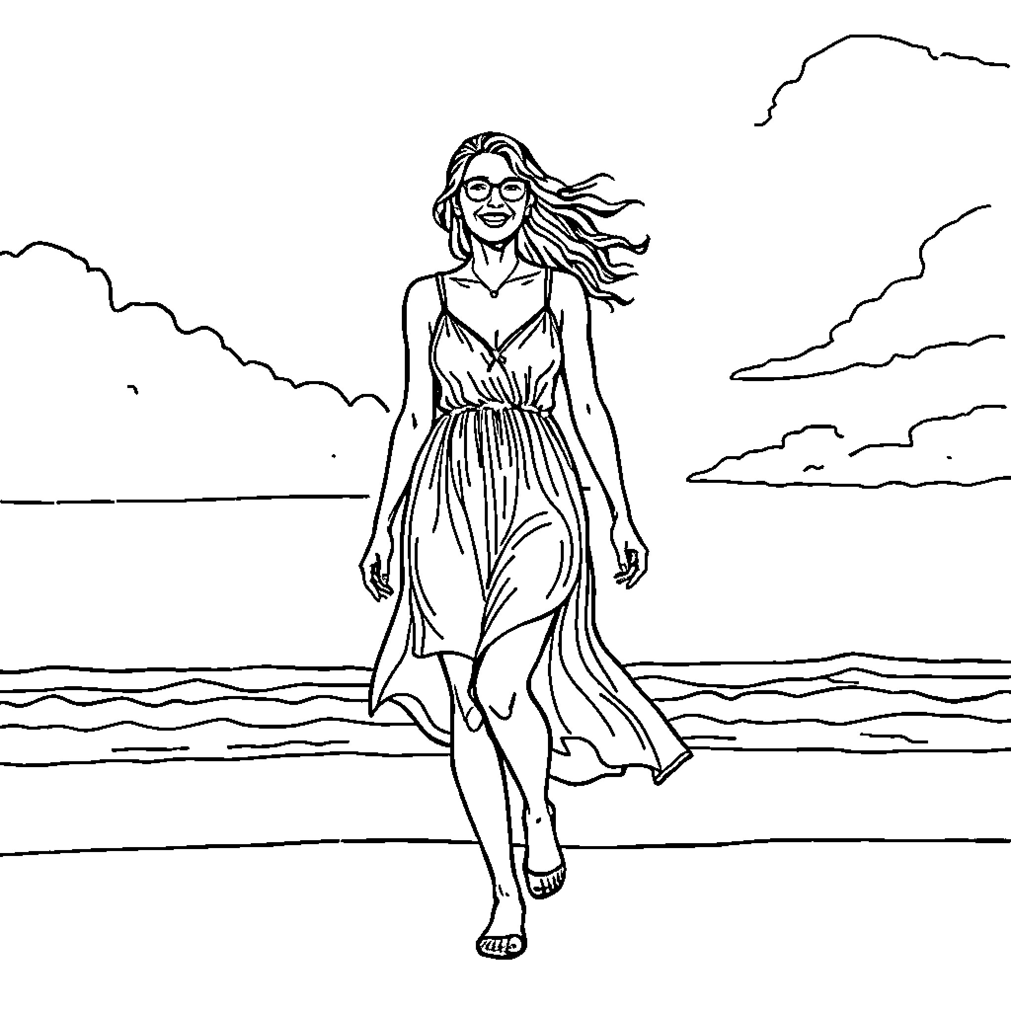 Woman strolling carefree on the beach Coloring Page (free black-and-white line drawing printable PDF for all, from beginners to advanced learners, including children, teens, adults, and seniors)