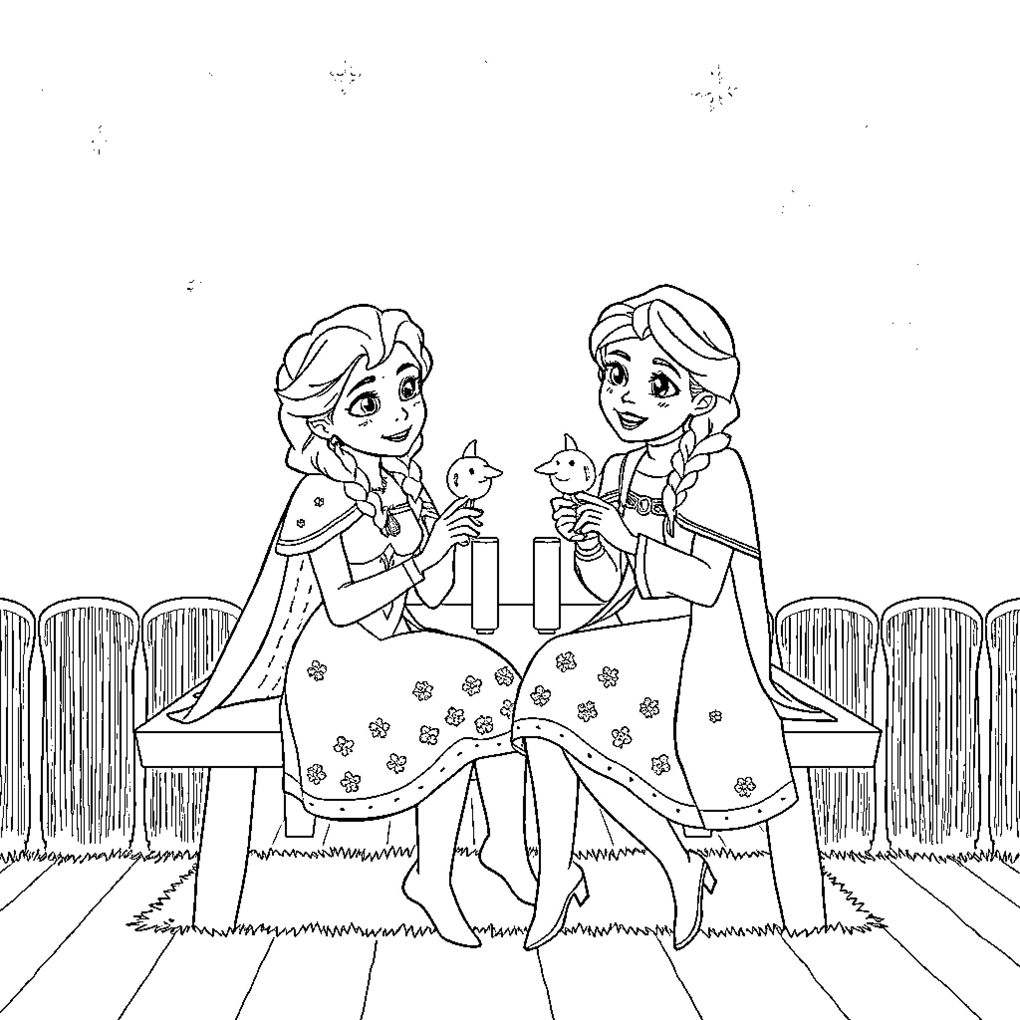 Elsa and Anna enjoying a picnic together Coloring Page (free black-and-white line drawing printable PDF for all, from beginners to advanced learners, including children, teens, adults, and seniors)