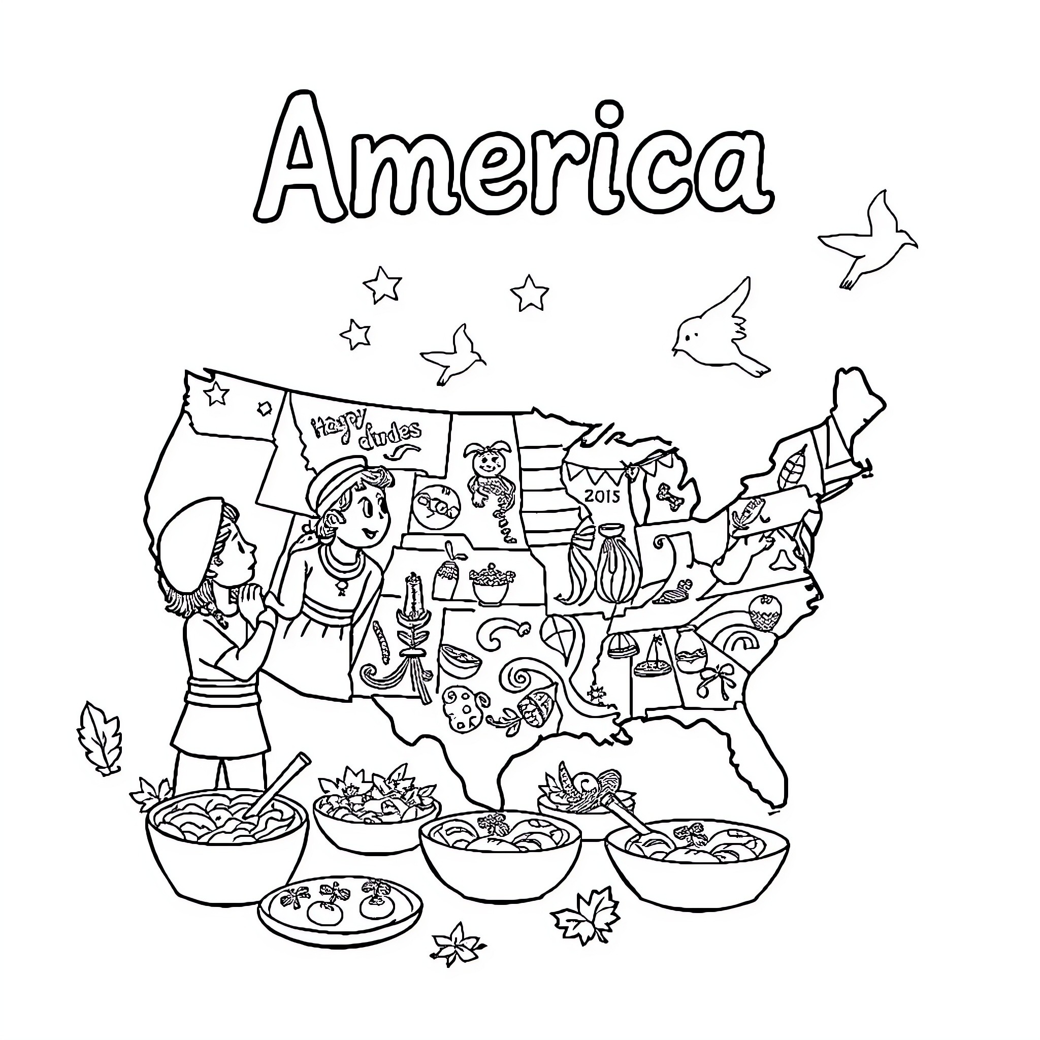 America Celebrating Diversity and Culture Coloring Page (free black-and-white line drawing printable PDF for all, from beginners to advanced learners, including children, teens, adults, and seniors)