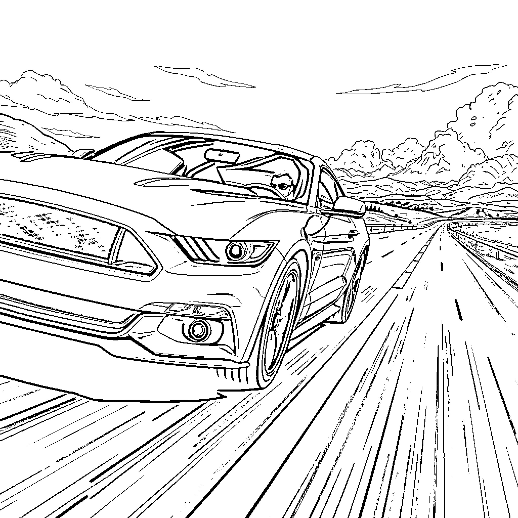 Mustang speeding through countryside landscape Coloring Page (free black-and-white line drawing printable PDF for all, from beginners to advanced learners, including children, teens, adults, and seniors)