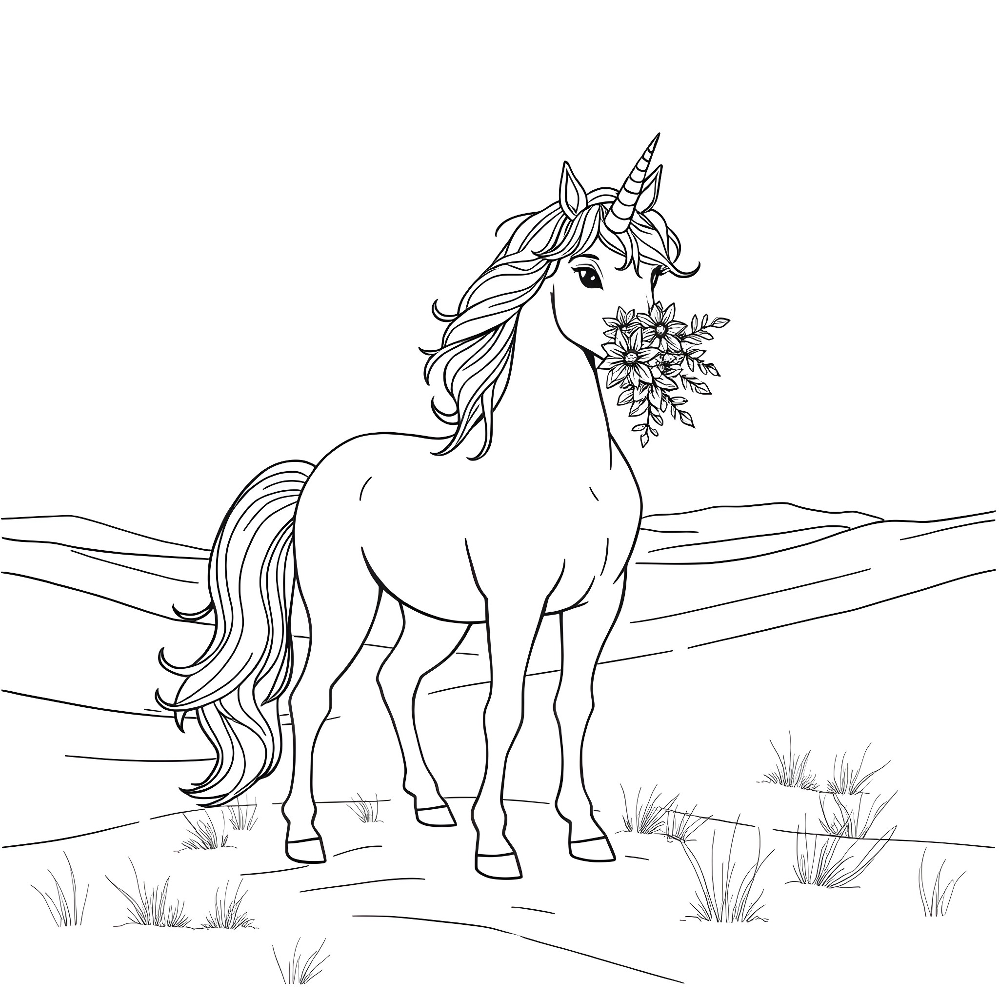 Unicorn carrying a flower bouquet in a serene meadow Coloring Page (free black-and-white line drawing printable PDF for all, from beginners to advanced learners, including children, teens, adults, and seniors)