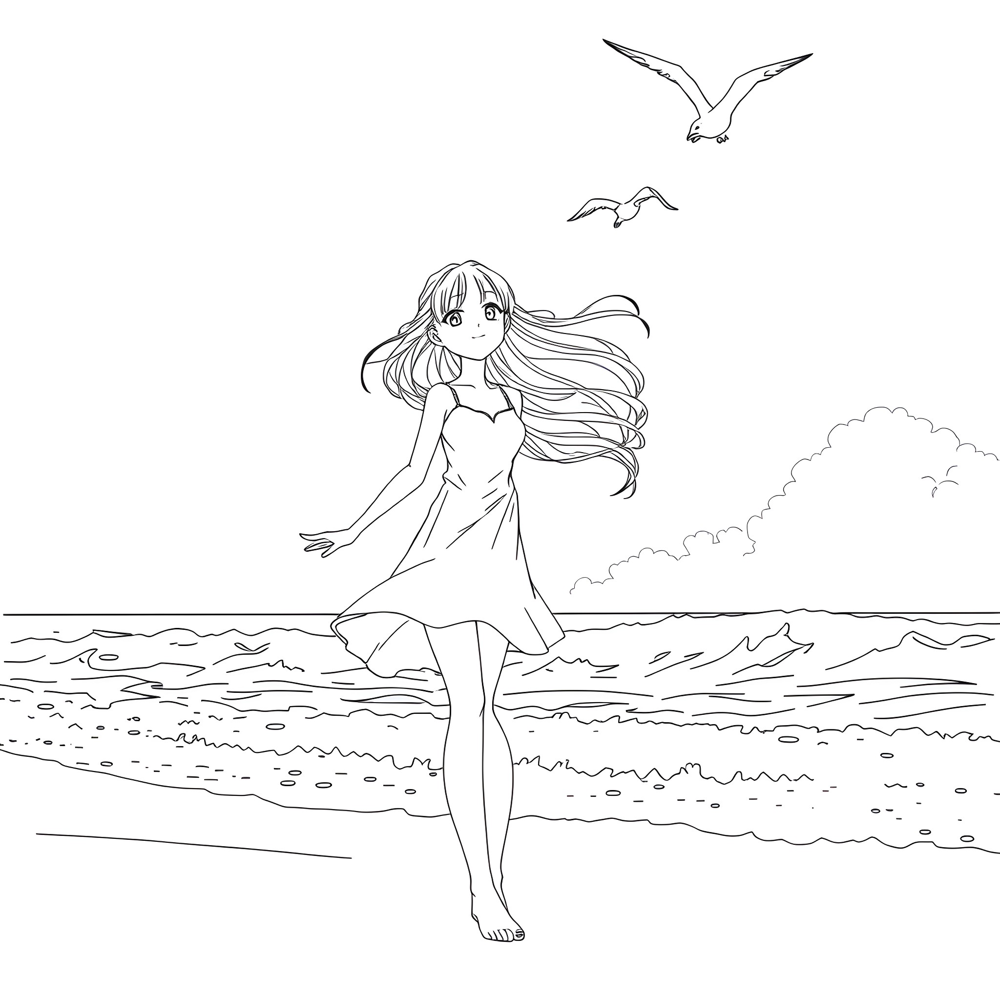 Anime Woman Strolling on the Beach with Seagulls Coloring Page (free black-and-white line drawing printable PDF for all, from beginners to advanced learners, including children, teens, adults, and seniors)