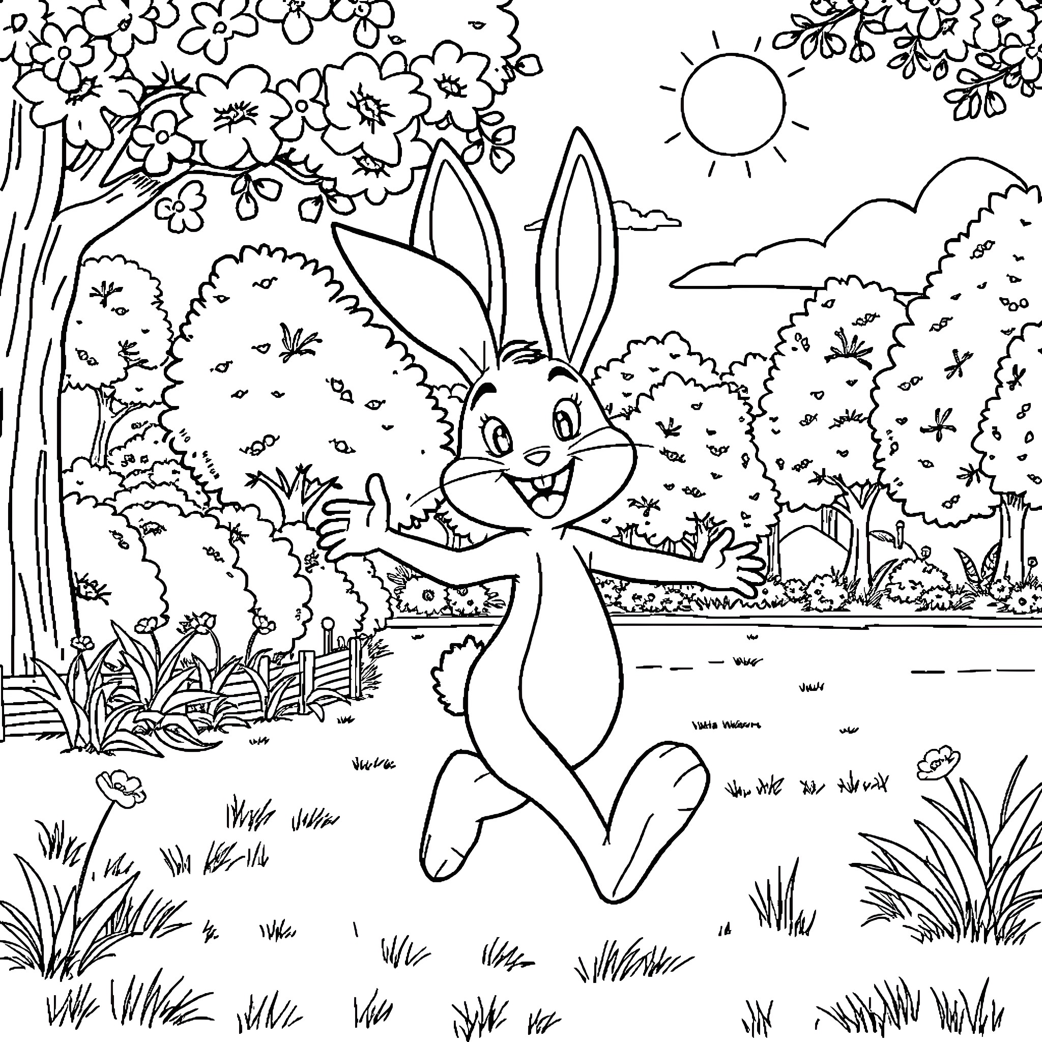 Lola Bunny happily playing in the spring landscape Coloring Page (free black-and-white line drawing printable PDF for all, from beginners to advanced learners, including children, teens, adults, and seniors)