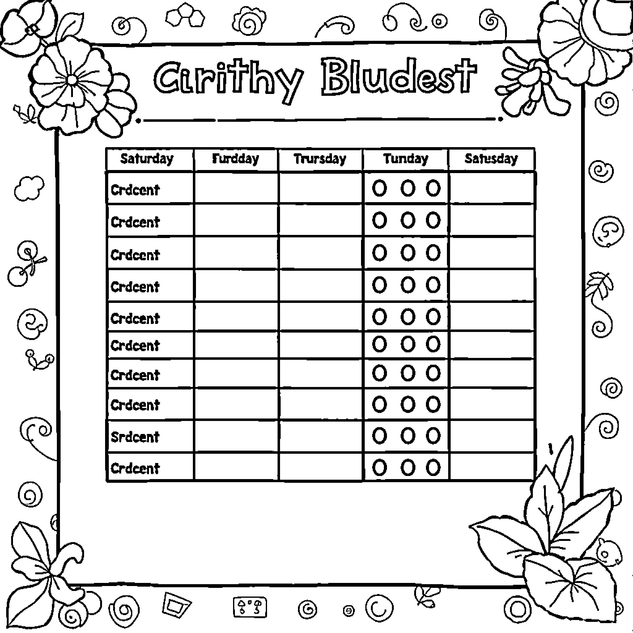 Budgeting chores for the week Coloring Page (free black-and-white line drawing printable PDF for all, from beginners to advanced learners, including children, teens, adults, and seniors)