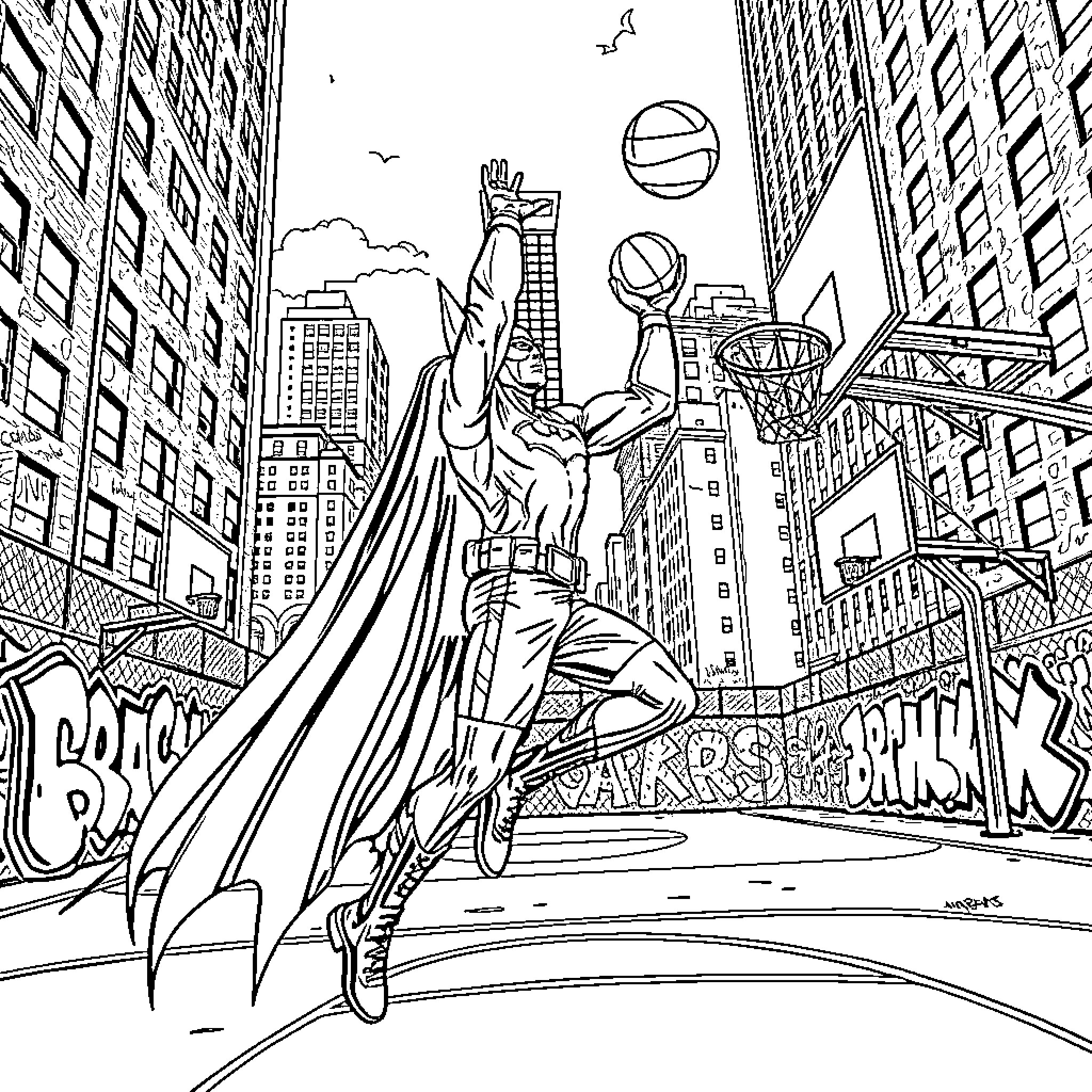 Batman saving the city from criminal activity Coloring Page (free black-and-white line drawing printable PDF for all, from beginners to advanced learners, including children, teens, adults, and seniors)
