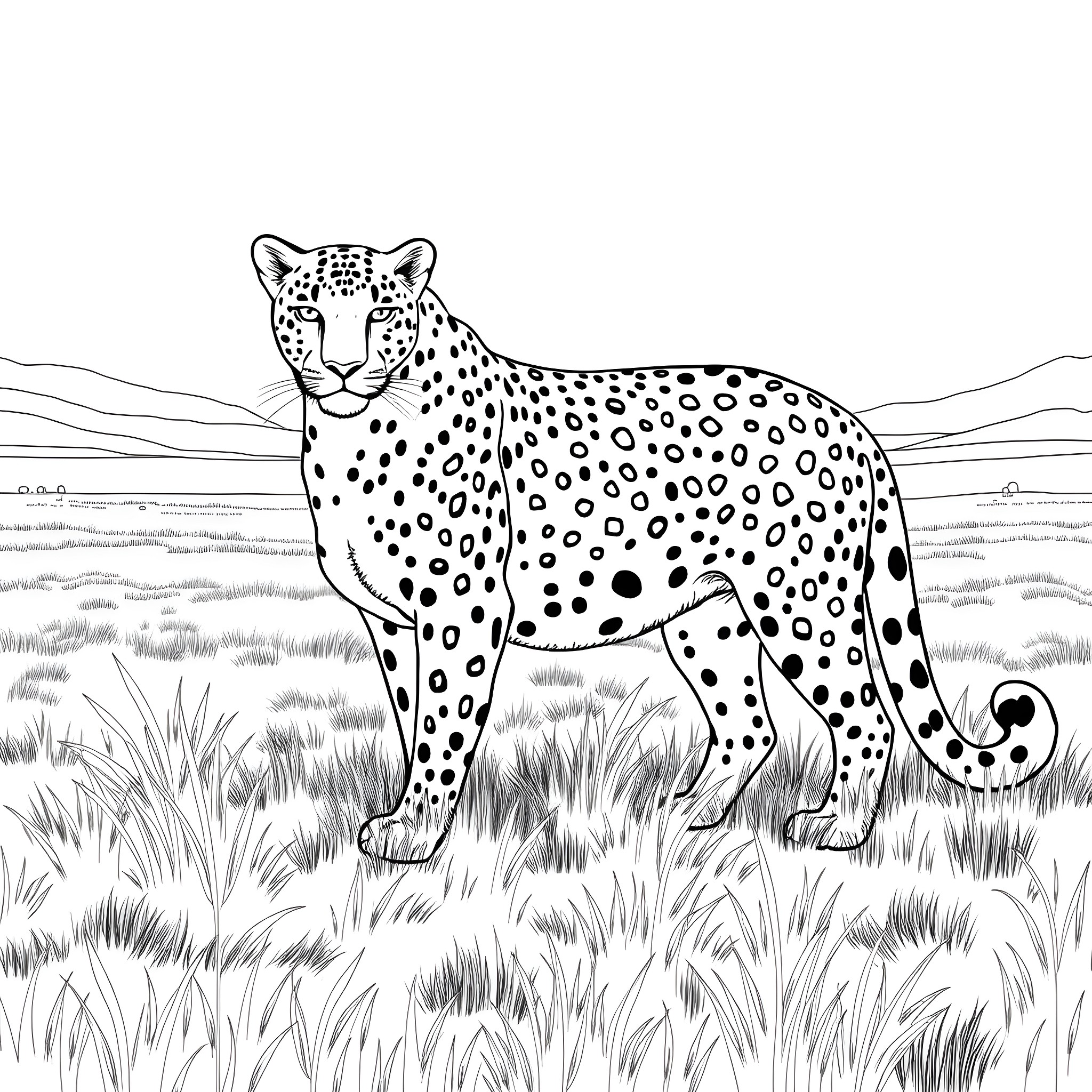 Leopard Prowling Through the Grasslands Coloring Page (free black-and-white line drawing printable PDF for all, from beginners to advanced learners, including children, teens, adults, and seniors)