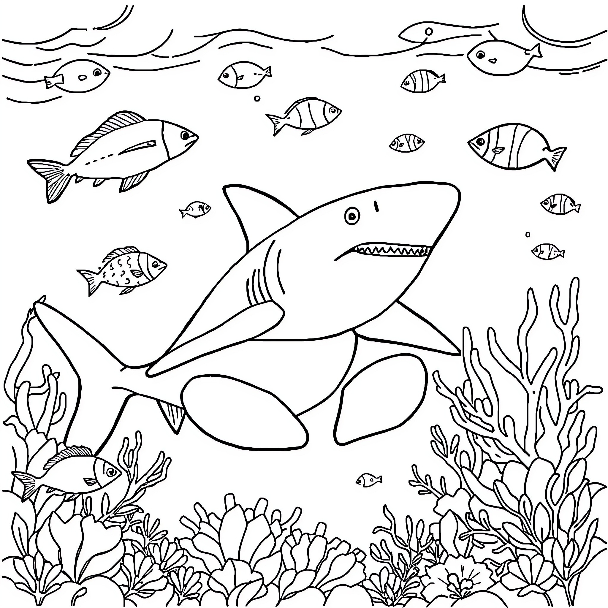 Shark swimming among colorful marine life Coloring Page (free black-and-white line drawing printable PDF for all, from beginners to advanced learners, including children, teens, adults, and seniors)