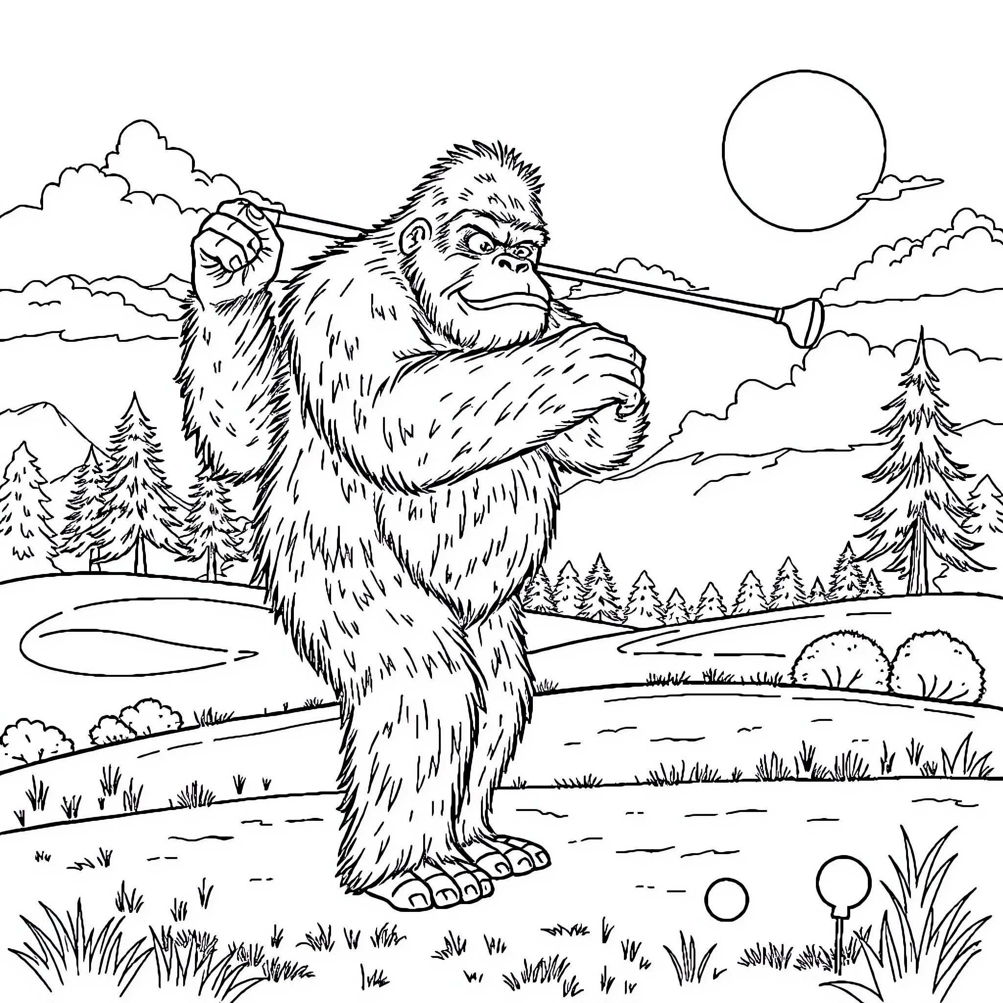 Bigfoot playing with a trumpet in the forest Coloring Page (free black-and-white line drawing printable PDF for all, from beginners to advanced learners, including children, teens, adults, and seniors)