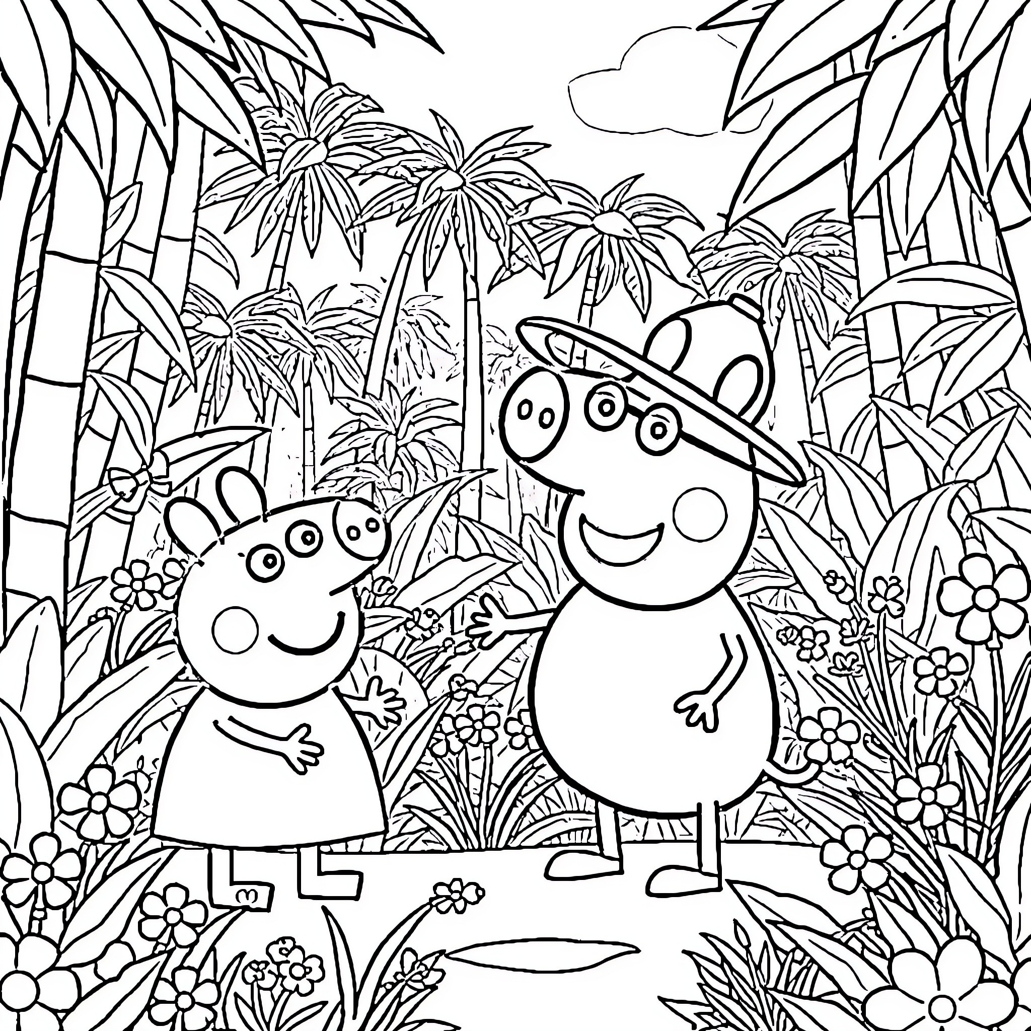 Bluey and friends explore the tropical jungle Coloring Page (free black-and-white line drawing printable PDF for all, from beginners to advanced learners, including children, teens, adults, and seniors)