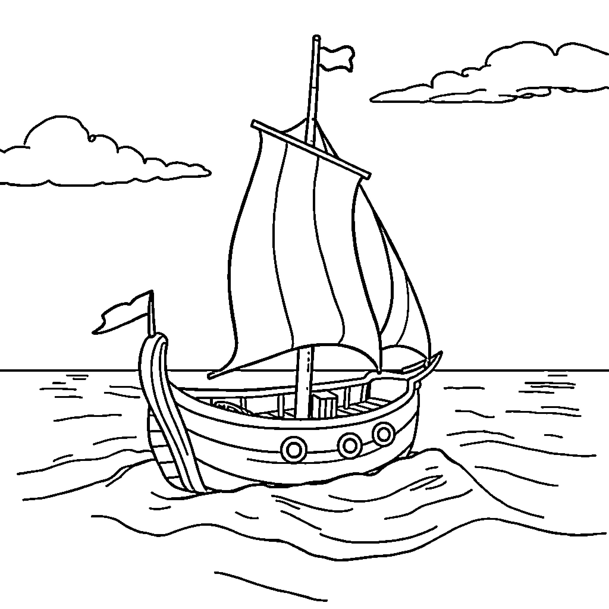 Pirate Boat Sailing Across the Waves Coloring Page (free black-and-white line drawing printable PDF for all, from beginners to advanced learners, including children, teens, adults, and seniors)