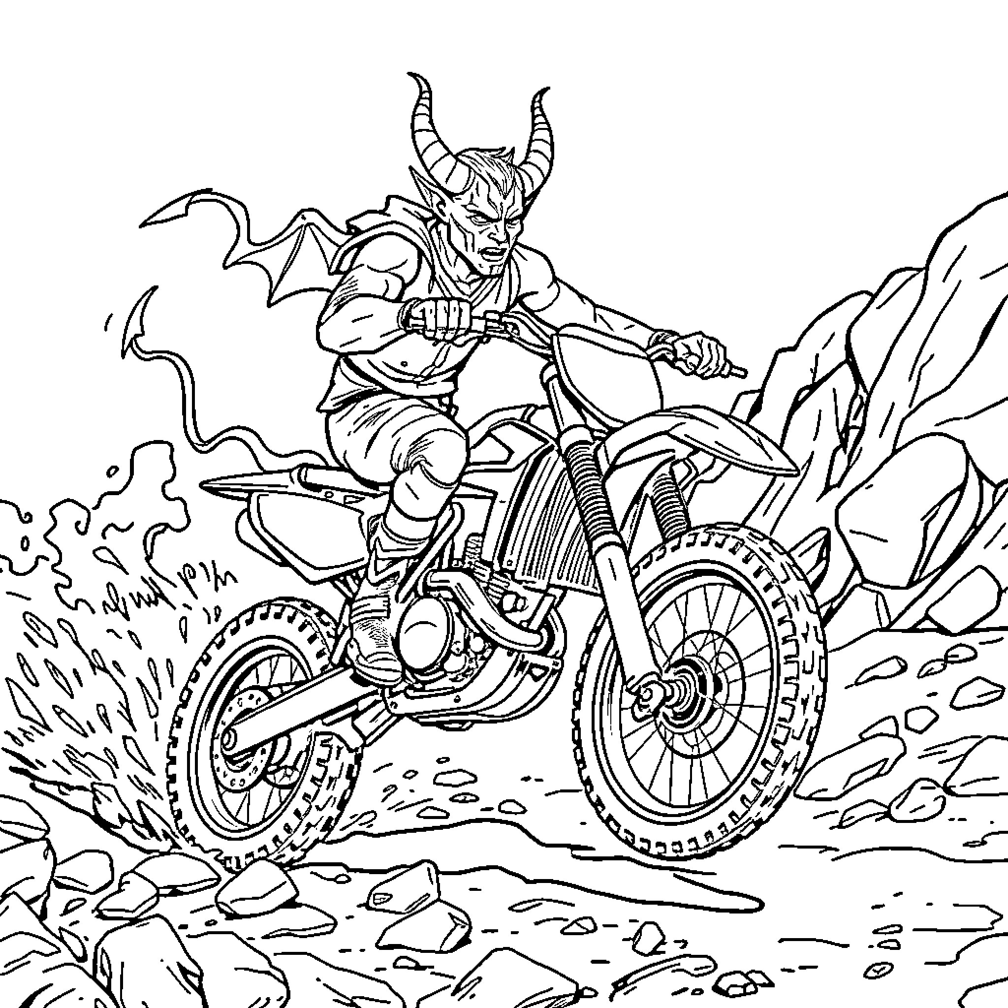 Devil Motorcyclist Riding Through Rocky Terrain Coloring Page (free black-and-white line drawing printable PDF for all, from beginners to advanced learners, including children, teens, adults, and seniors)