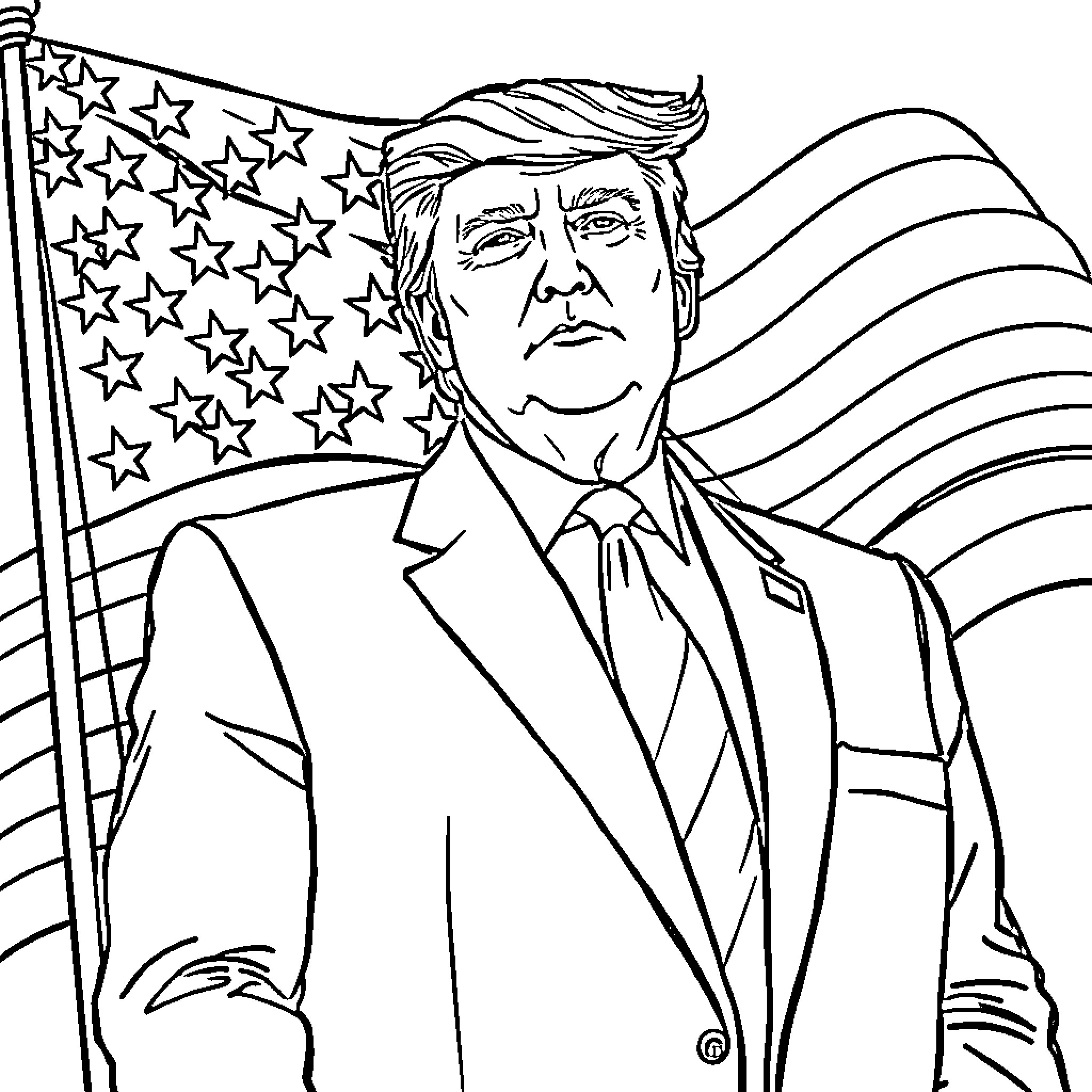 Trump with American Flag Backdrop Coloring Page (free black-and-white line drawing printable PDF for all, from beginners to advanced learners, including children, teens, adults, and seniors)