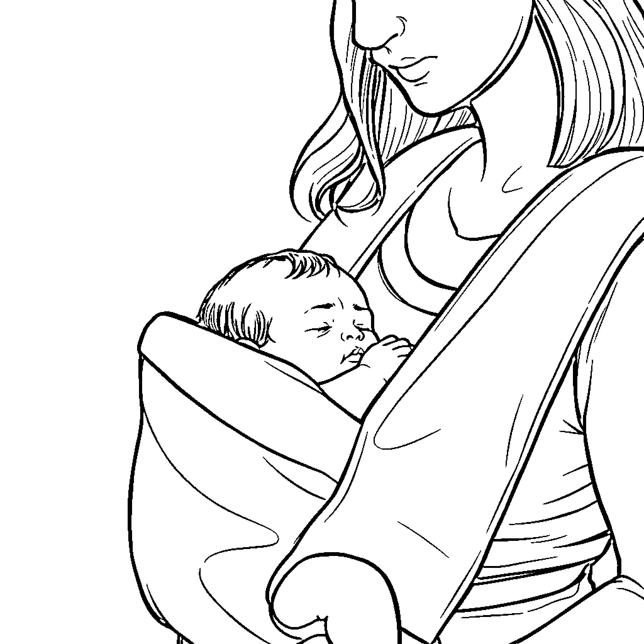 Baby being cradled and comforted by mother Coloring Page (free black-and-white line drawing printable PDF for all, from beginners to advanced learners, including children, teens, adults, and seniors)