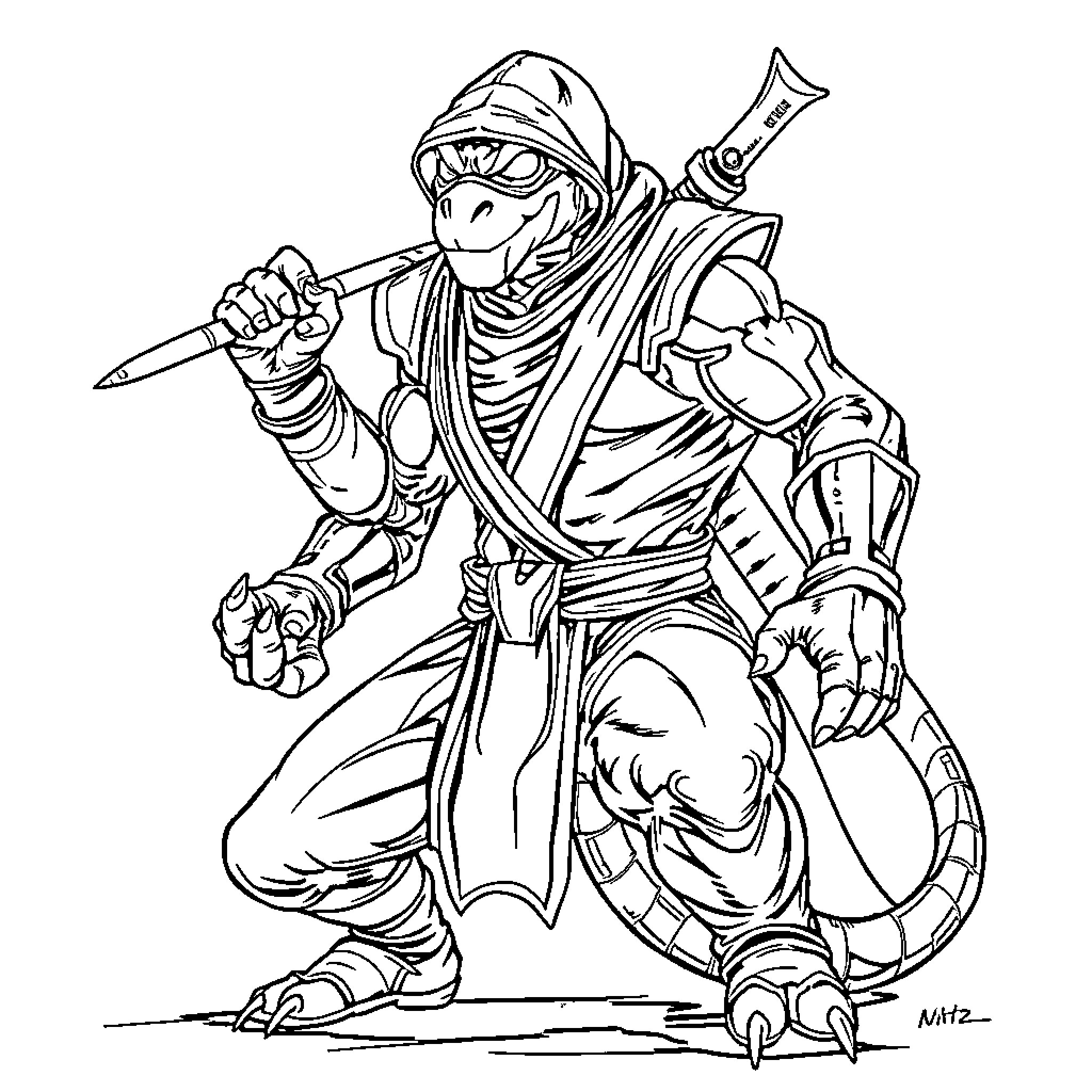 Reptile warrior with sword and shield Coloring Page (free black-and-white line drawing printable PDF for all, from beginners to advanced learners, including children, teens, adults, and seniors)