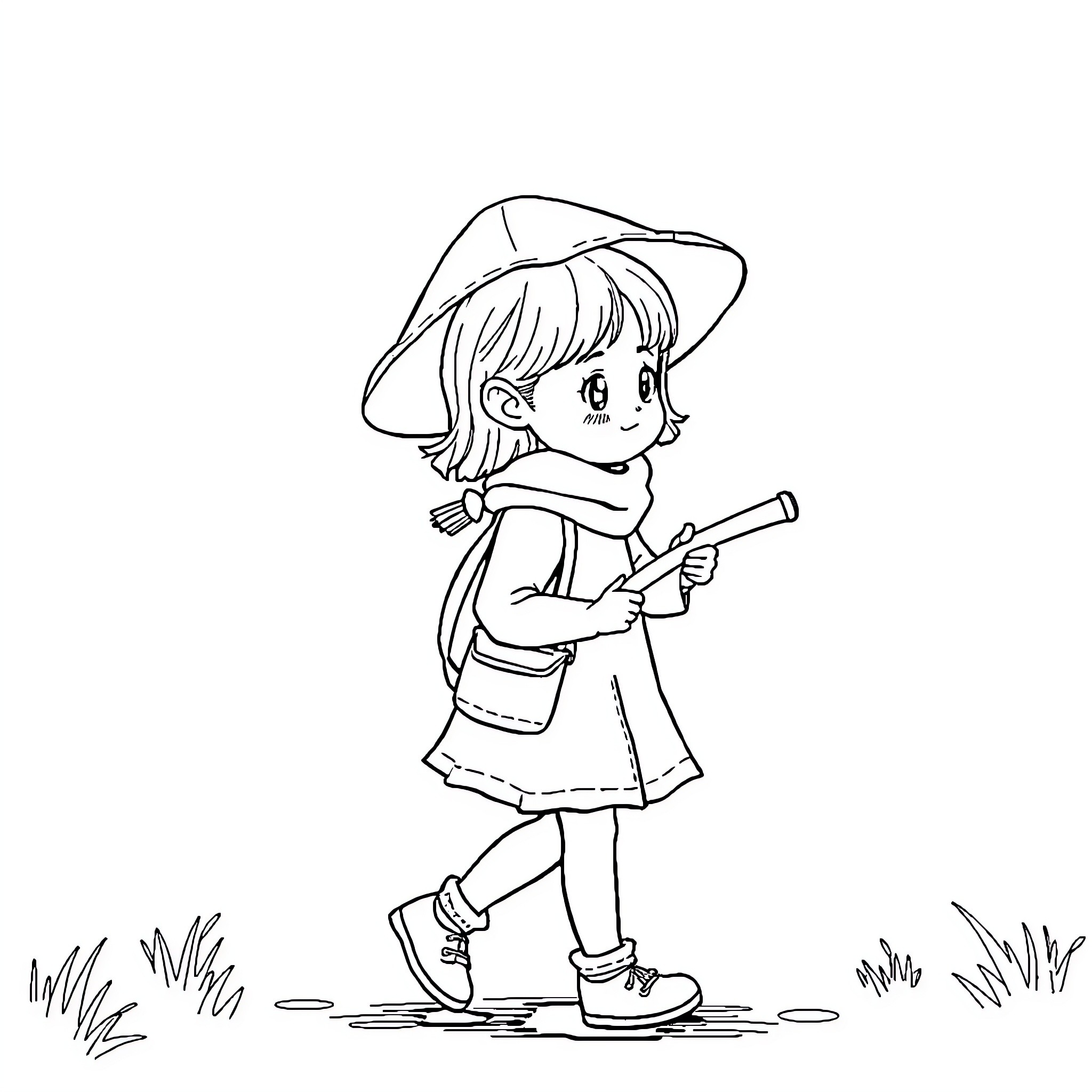 Girl exploring the outdoors with her gardening tools Coloring Page (free black-and-white line drawing printable PDF for all, from beginners to advanced learners, including children, teens, adults, and seniors)