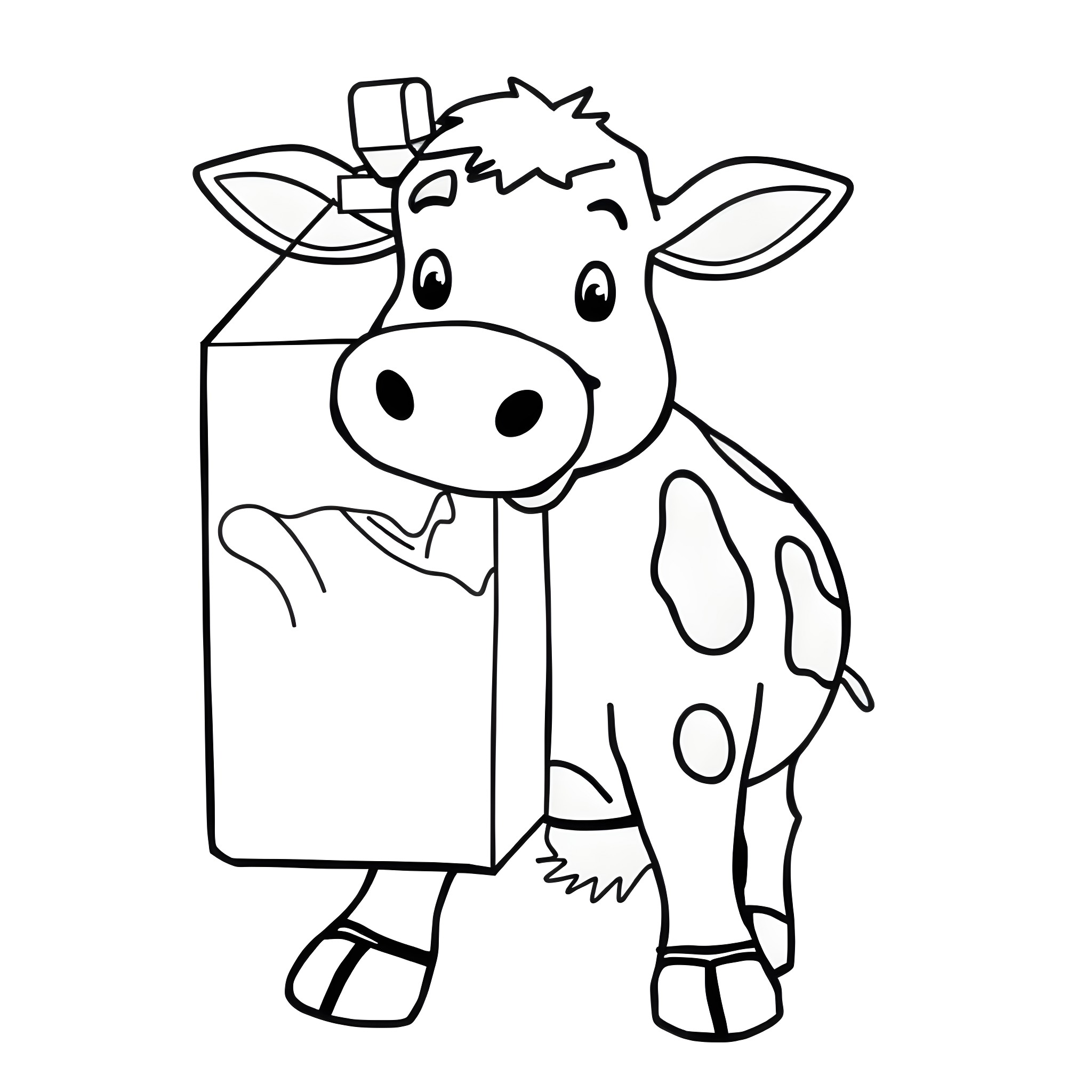 Cow holding a box Coloring Page (free black-and-white line drawing printable PDF for all, from beginners to advanced learners, including children, teens, adults, and seniors)