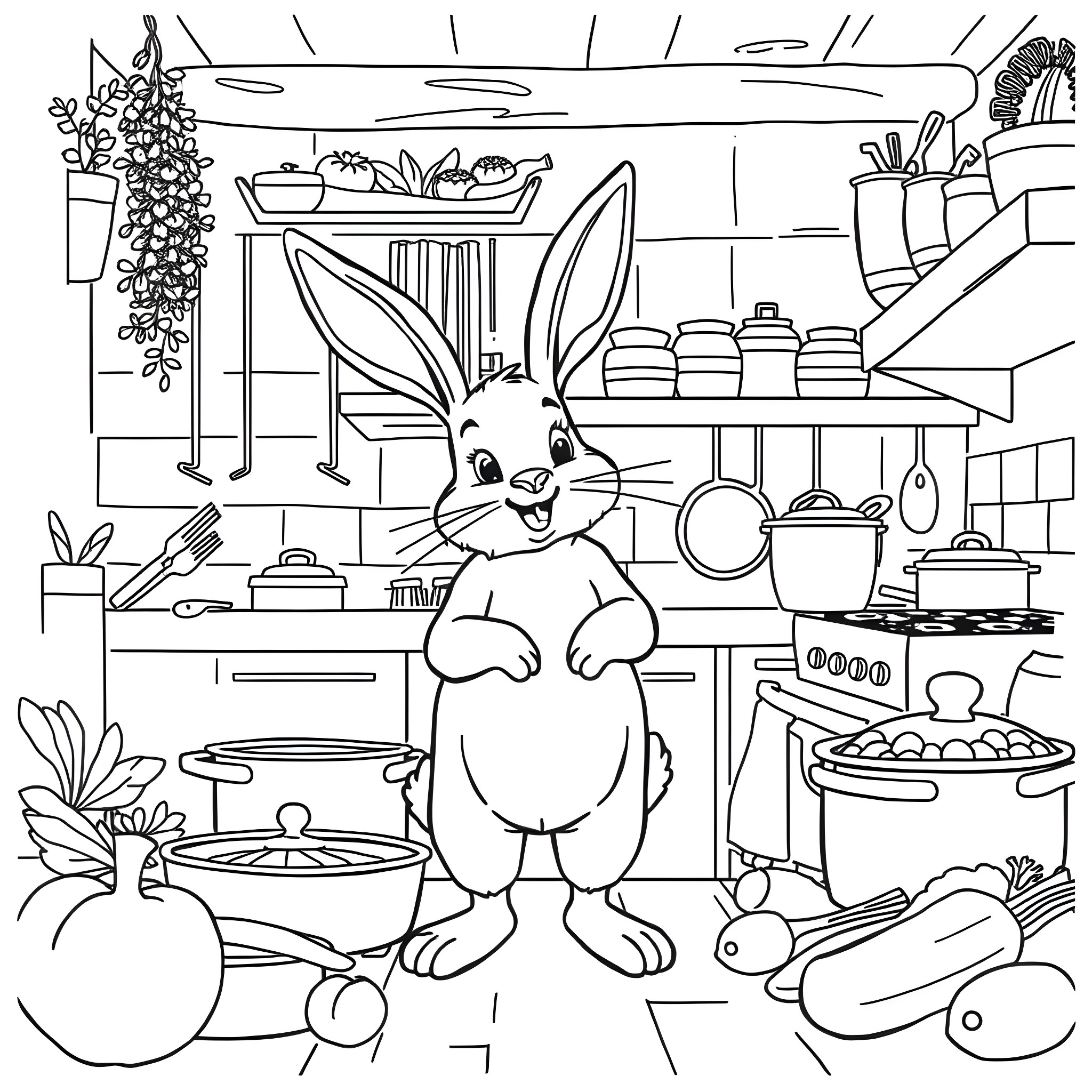 Bunny exploring the kitchen Coloring Page (free black-and-white line drawing printable PDF for all, from beginners to advanced learners, including children, teens, adults, and seniors)