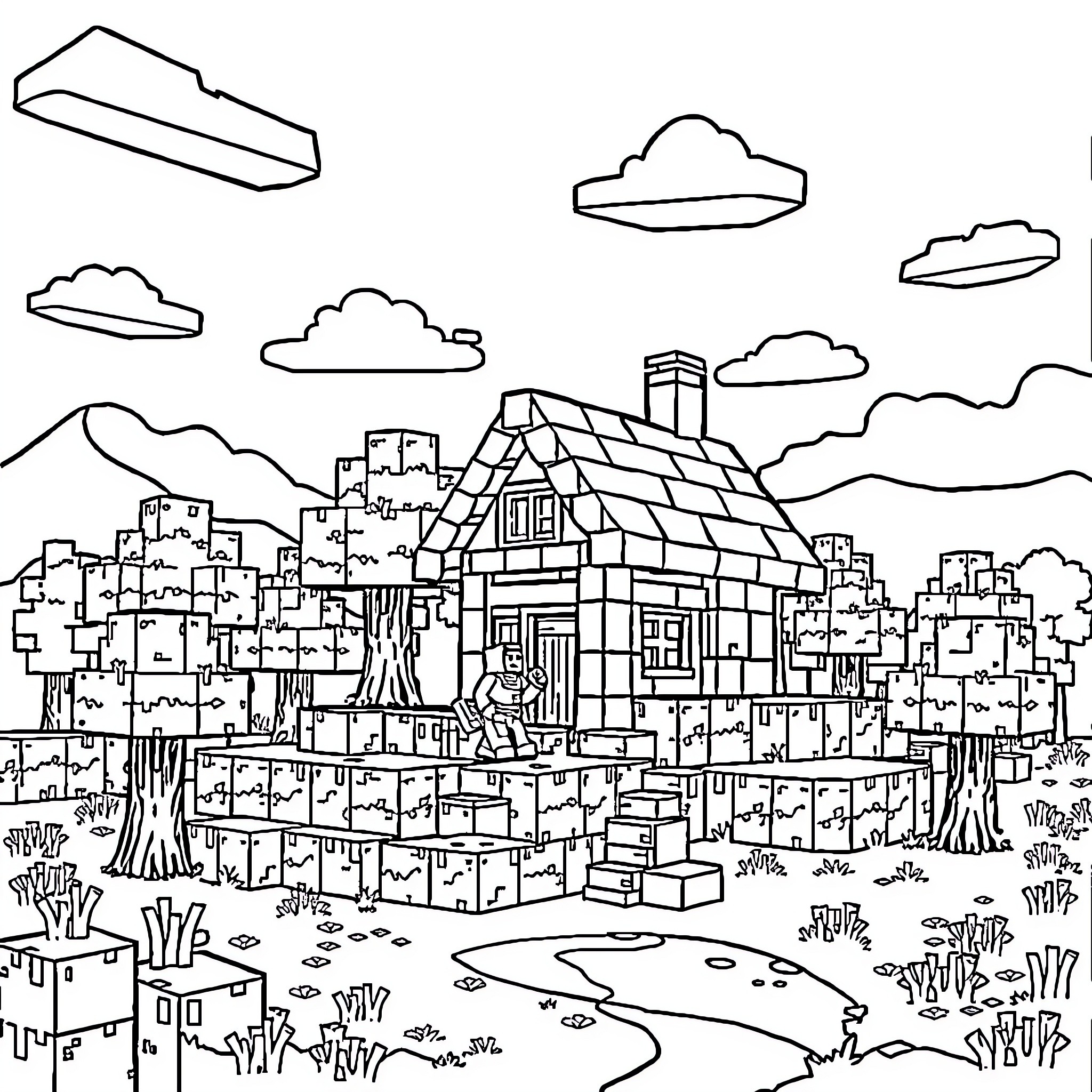 Minecraft Cityscape with Surreal Clouds Coloring Page (free black-and-white line drawing printable PDF for all, from beginners to advanced learners, including children, teens, adults, and seniors)